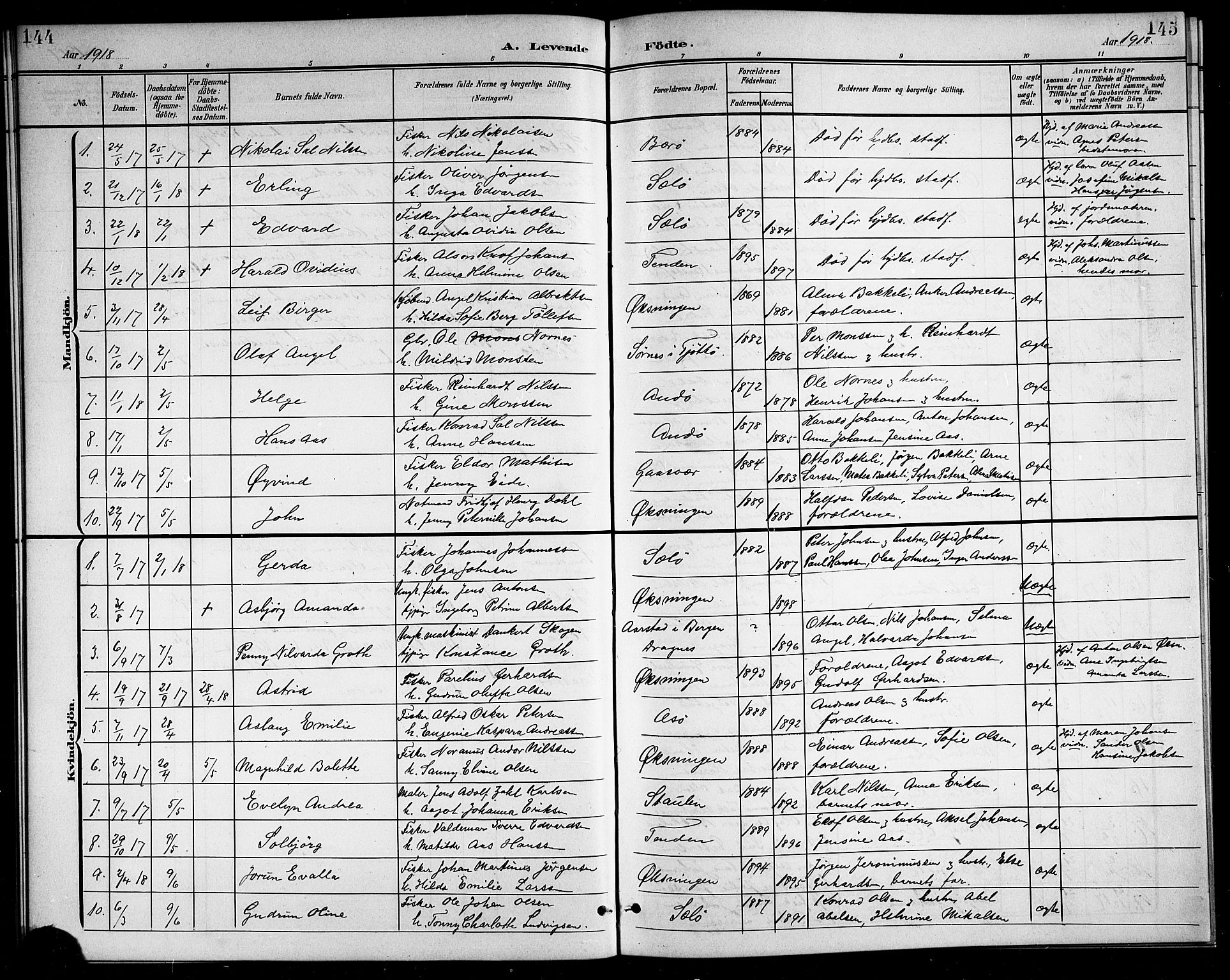 Ministerialprotokoller, klokkerbøker og fødselsregistre - Nordland, SAT/A-1459/834/L0516: Parish register (copy) no. 834C06, 1902-1918, p. 144-145
