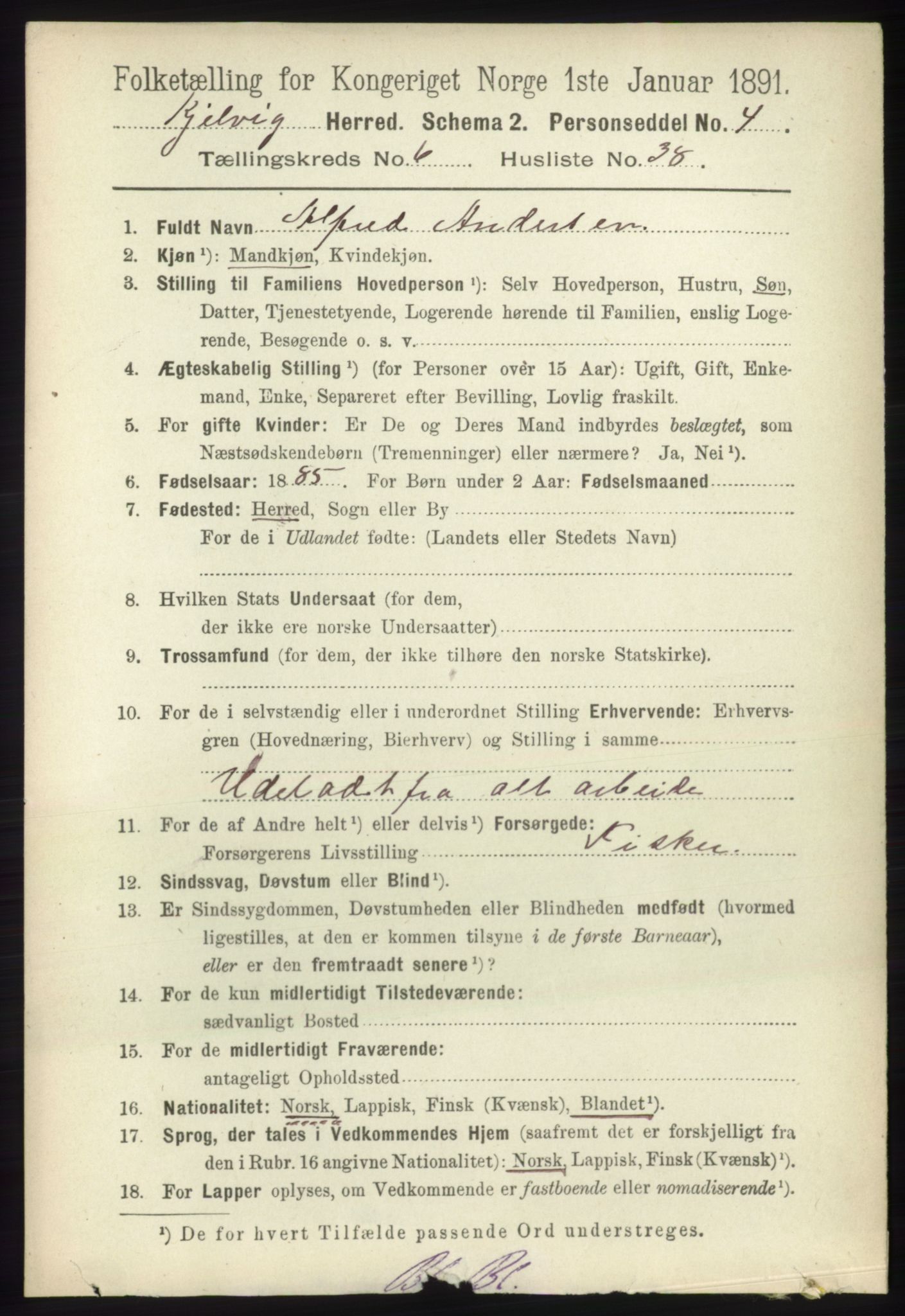 RA, 1891 census for 2019 Kjelvik, 1891, p. 844