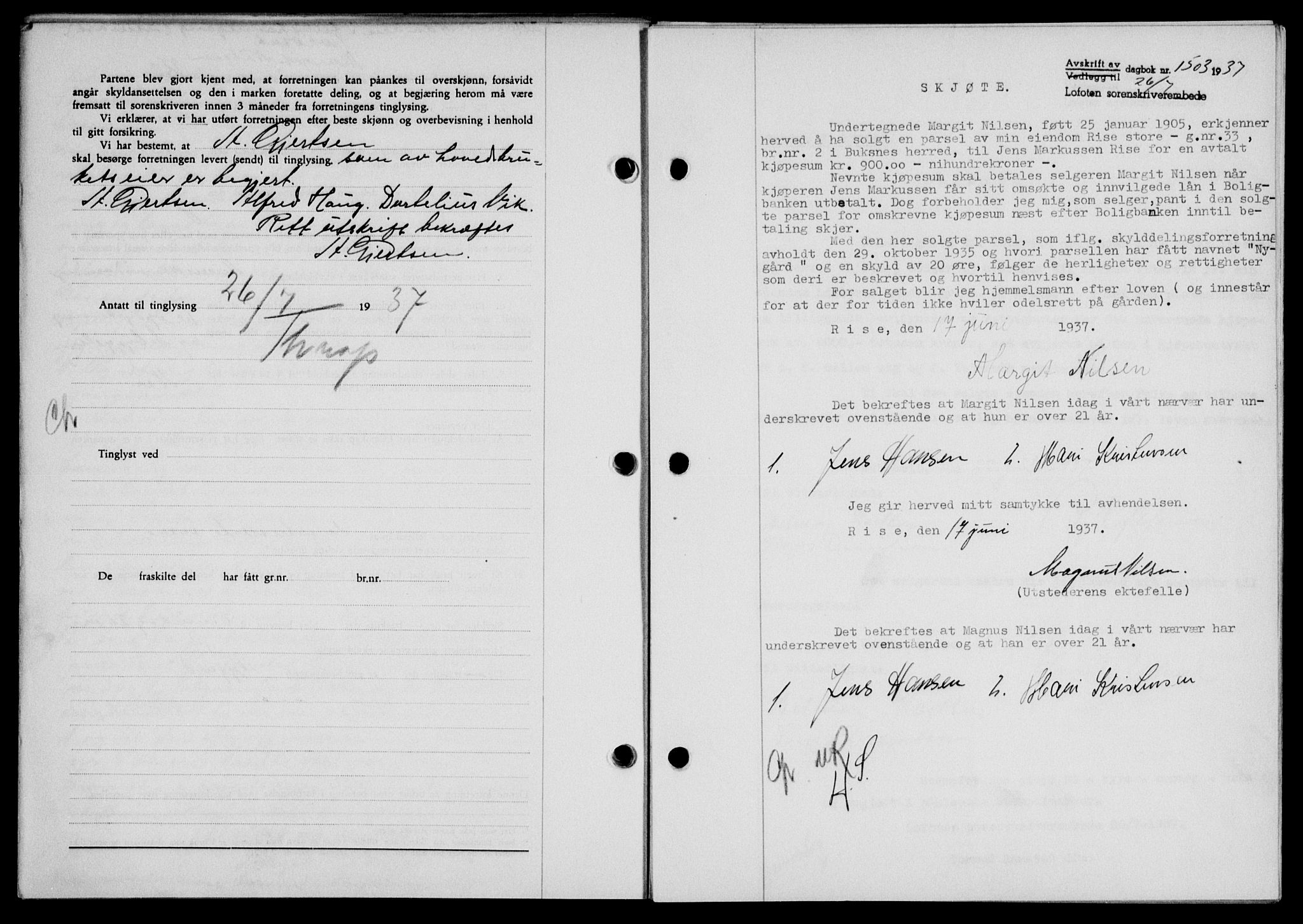 Lofoten sorenskriveri, SAT/A-0017/1/2/2C/L0002a: Mortgage book no. 2a, 1937-1937, Diary no: : 1503/1937