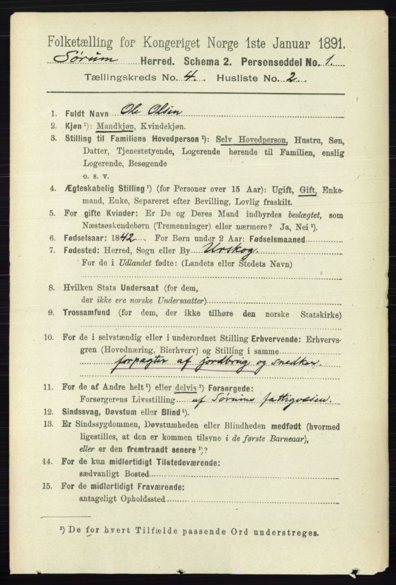 RA, 1891 census for 0226 Sørum, 1891, p. 1888