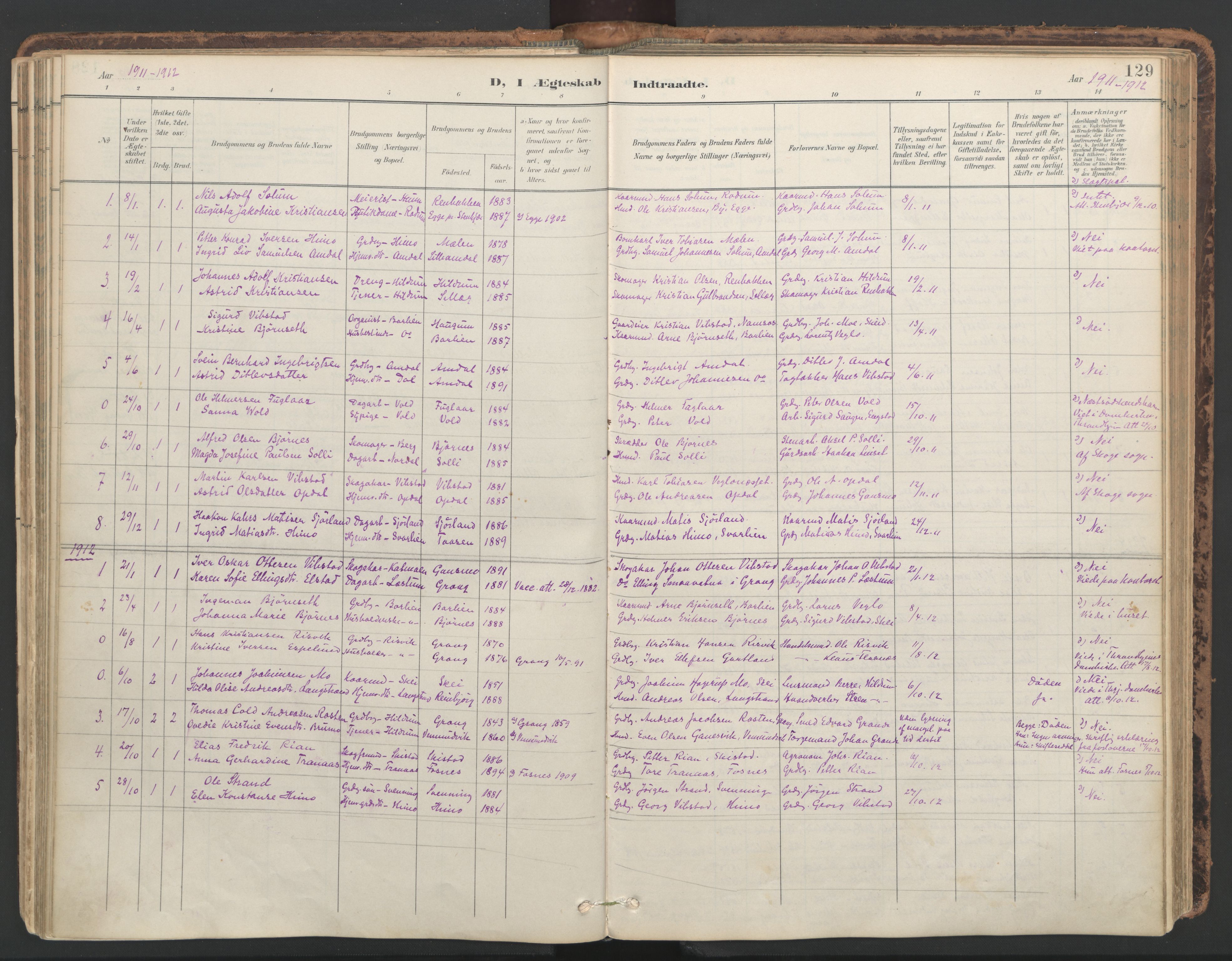 Ministerialprotokoller, klokkerbøker og fødselsregistre - Nord-Trøndelag, SAT/A-1458/764/L0556: Parish register (official) no. 764A11, 1897-1924, p. 129