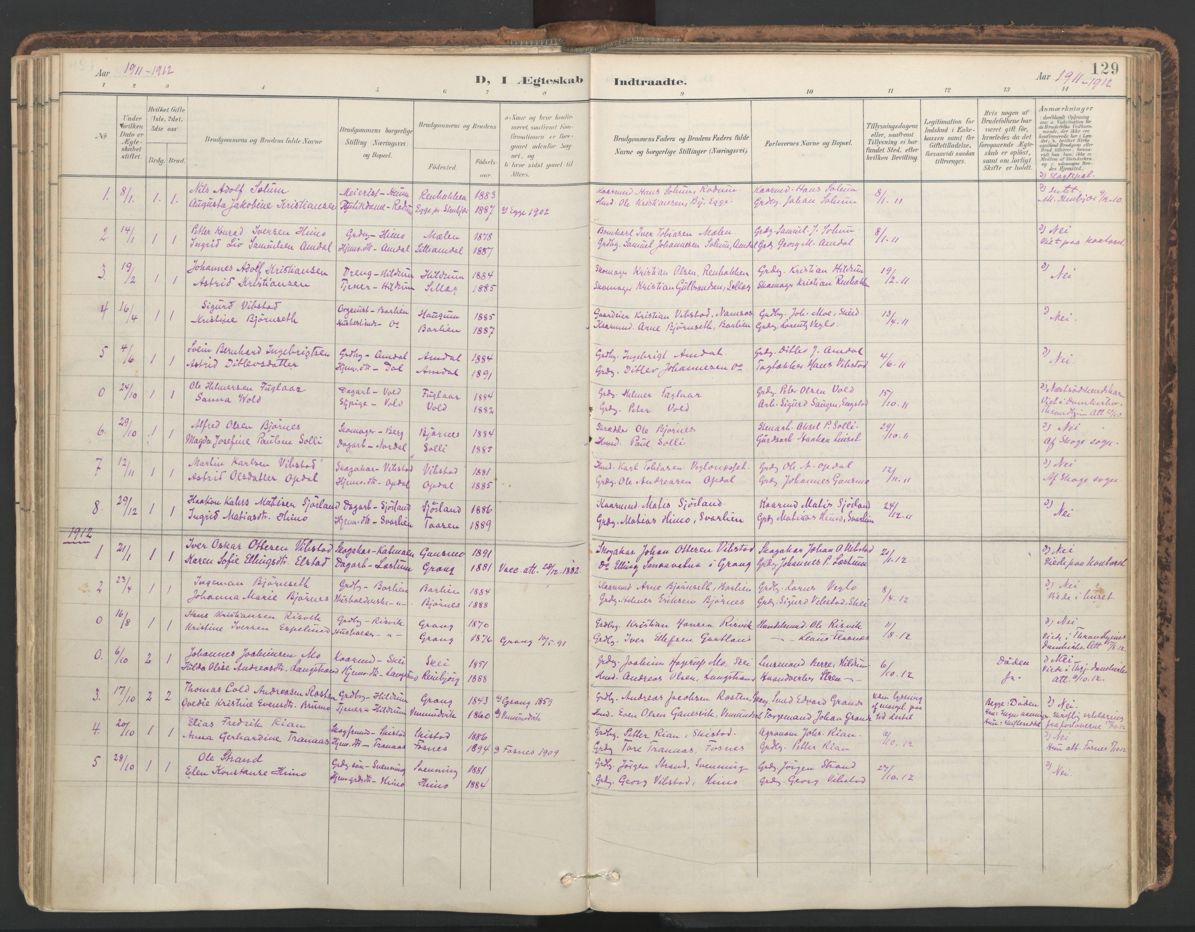 Ministerialprotokoller, klokkerbøker og fødselsregistre - Nord-Trøndelag, AV/SAT-A-1458/764/L0556: Parish register (official) no. 764A11, 1897-1924, p. 129