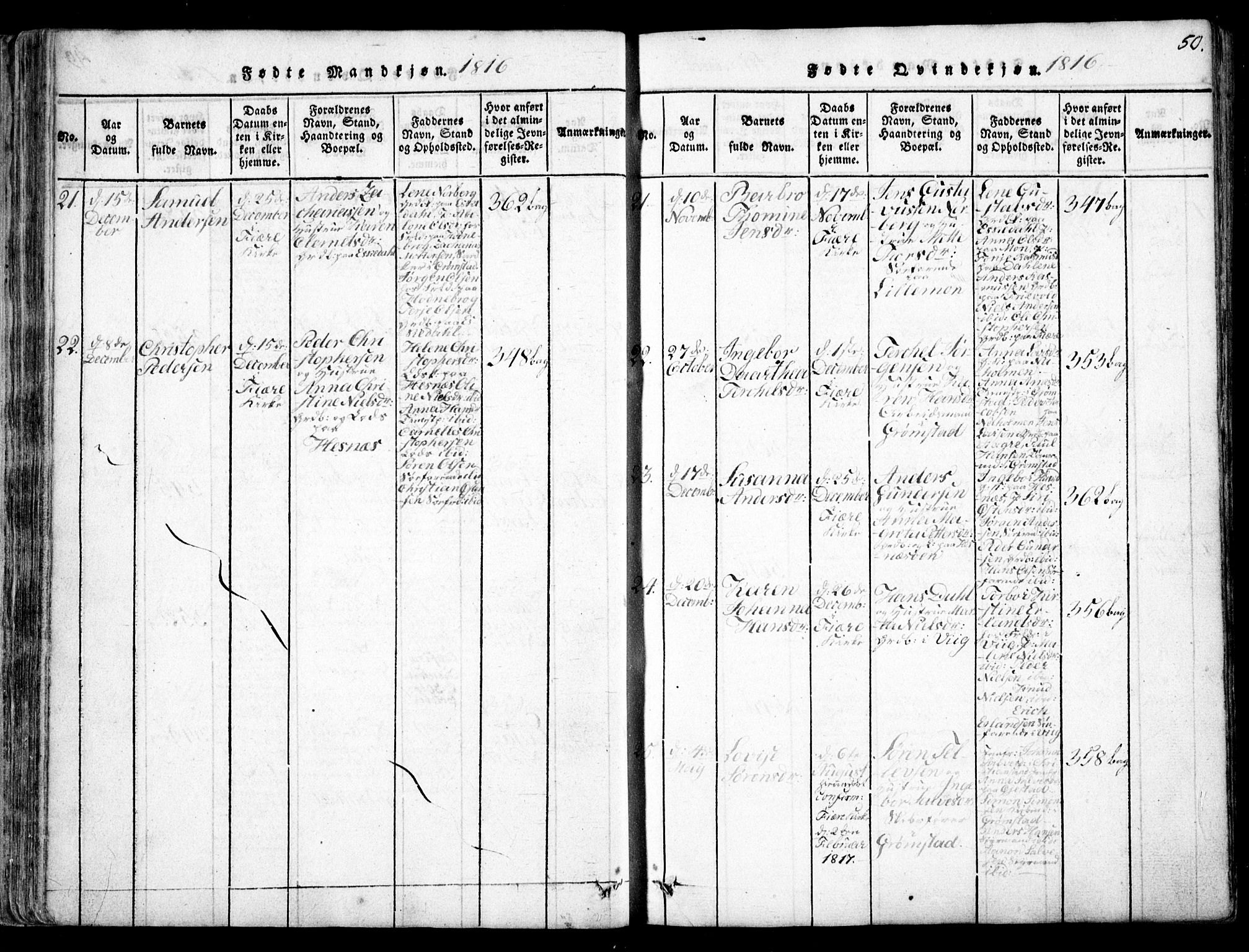 Fjære sokneprestkontor, AV/SAK-1111-0011/F/Fb/L0007: Parish register (copy) no. B 7, 1816-1826, p. 50