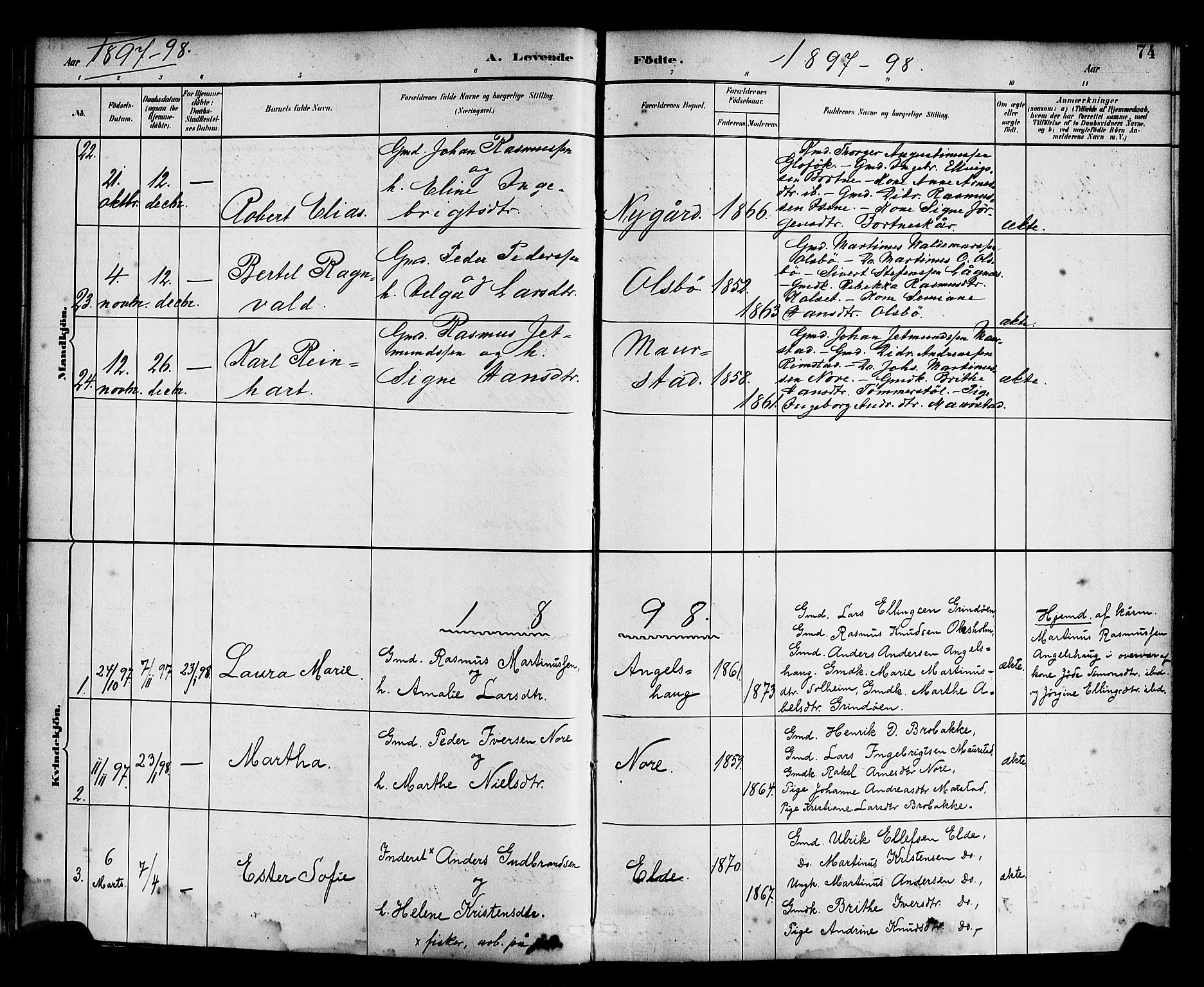 Davik sokneprestembete, SAB/A-79701/H/Haa/Haad/L0001: Parish register (official) no. D 1, 1882-1900, p. 74