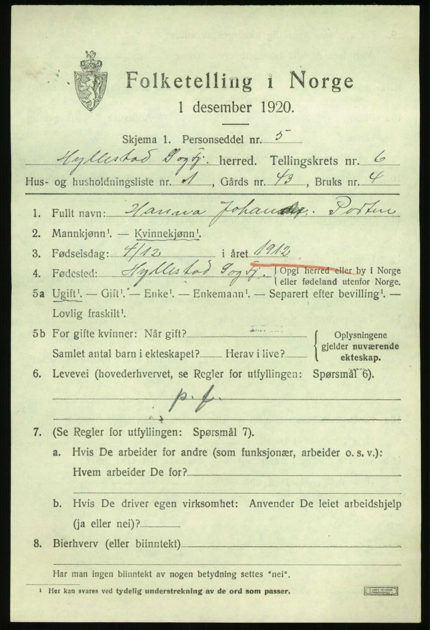 SAB, 1920 census for Hyllestad, 1920, p. 2678