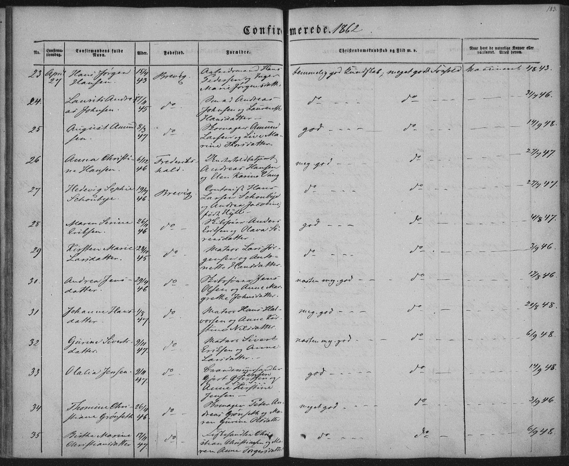 Brevik kirkebøker, AV/SAKO-A-255/F/Fa/L0005: Parish register (official) no. 5, 1847-1865, p. 183