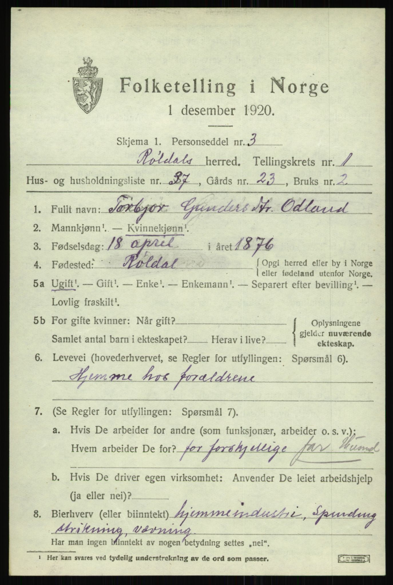 SAB, 1920 census for Røldal, 1920, p. 723