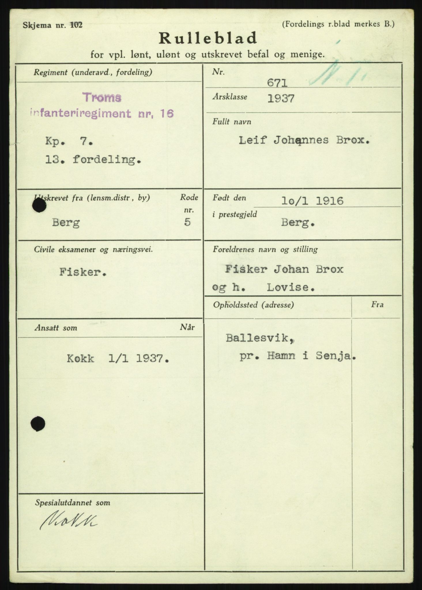 Forsvaret, Troms infanteriregiment nr. 16, AV/RA-RAFA-3146/P/Pa/L0021: Rulleblad for regimentets menige mannskaper, årsklasse 1937, 1937, p. 89