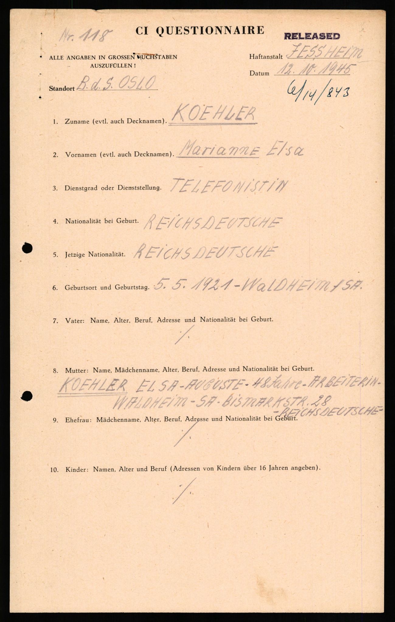 Forsvaret, Forsvarets overkommando II, RA/RAFA-3915/D/Db/L0017: CI Questionaires. Tyske okkupasjonsstyrker i Norge. Tyskere., 1945-1946, p. 397