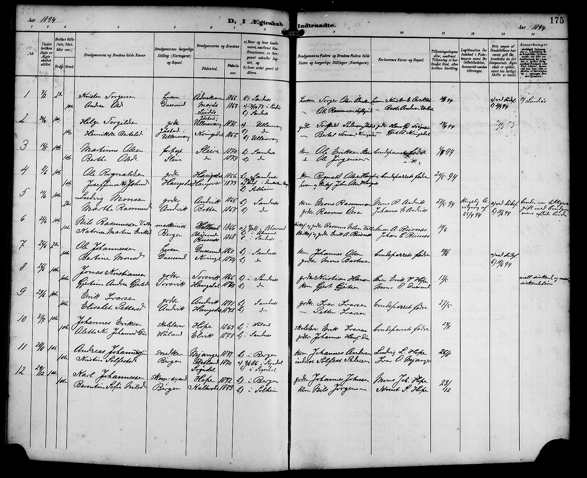 Masfjorden Sokneprestembete, SAB/A-77001: Parish register (copy) no. B 1, 1892-1913, p. 175