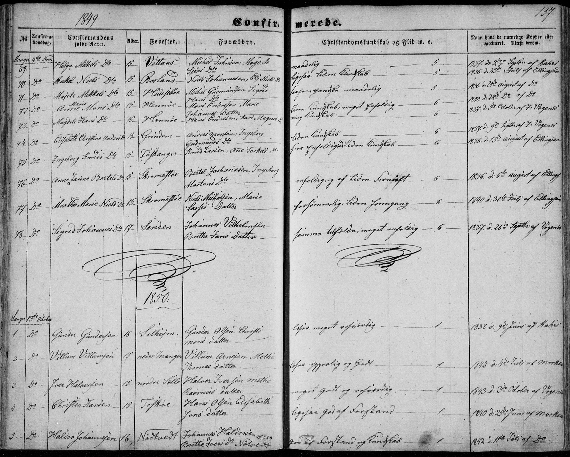 Manger sokneprestembete, SAB/A-76801/H/Haa: Parish register (official) no. A 6, 1849-1859, p. 137