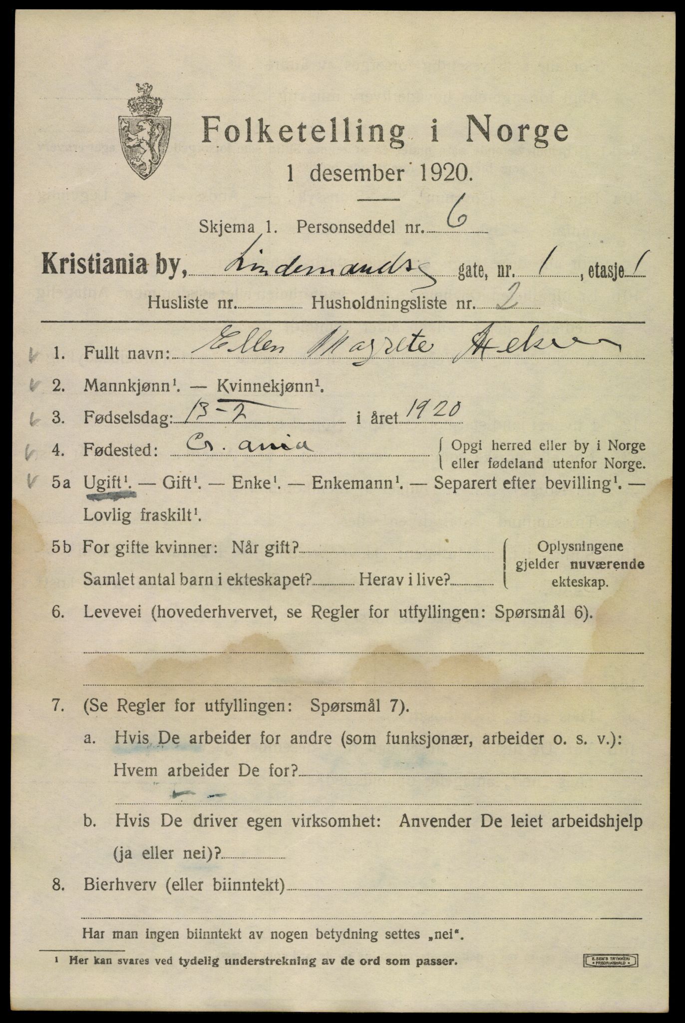 SAO, 1920 census for Kristiania, 1920, p. 364735