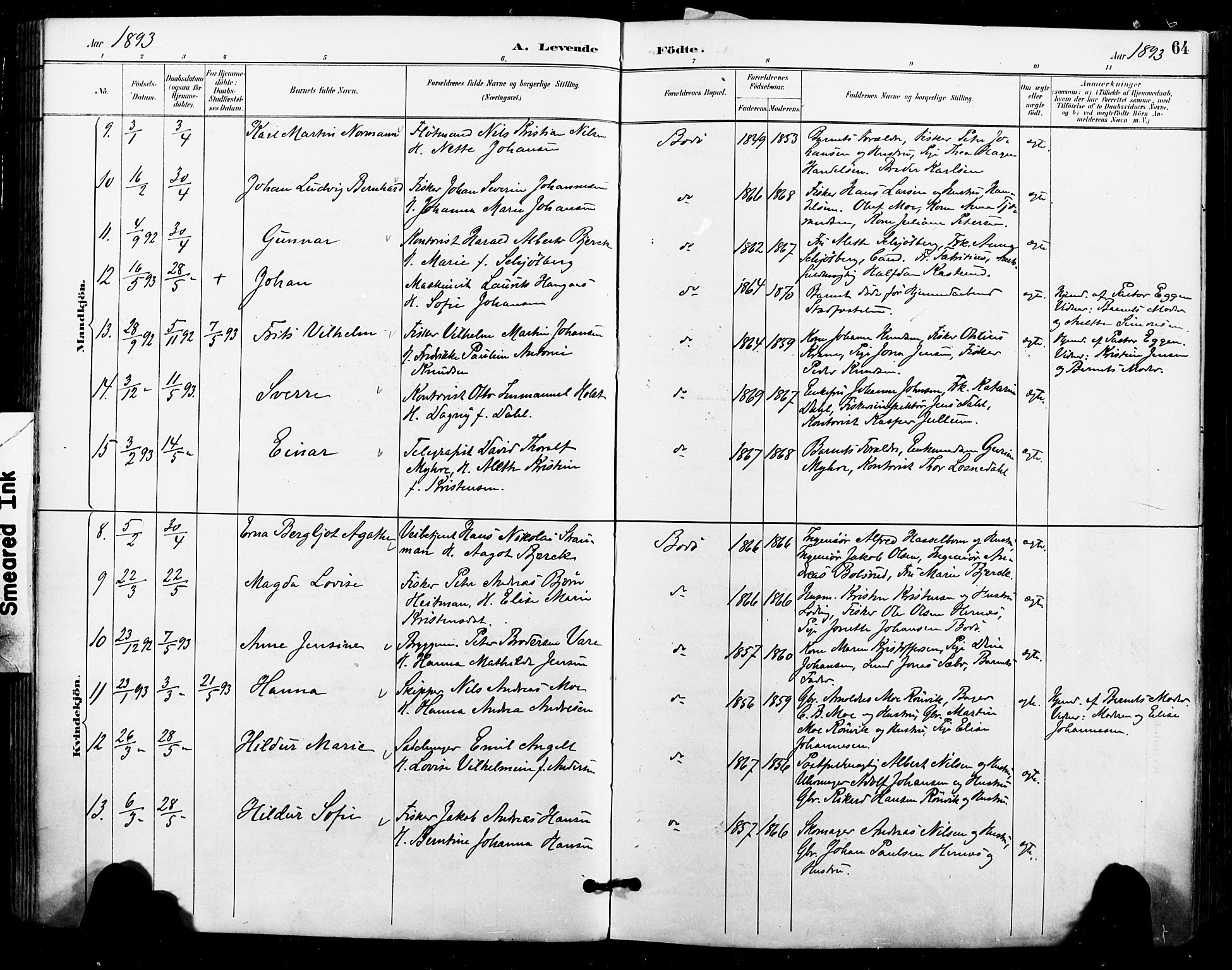 Ministerialprotokoller, klokkerbøker og fødselsregistre - Nordland, AV/SAT-A-1459/801/L0010: Parish register (official) no. 801A10, 1888-1899, p. 64