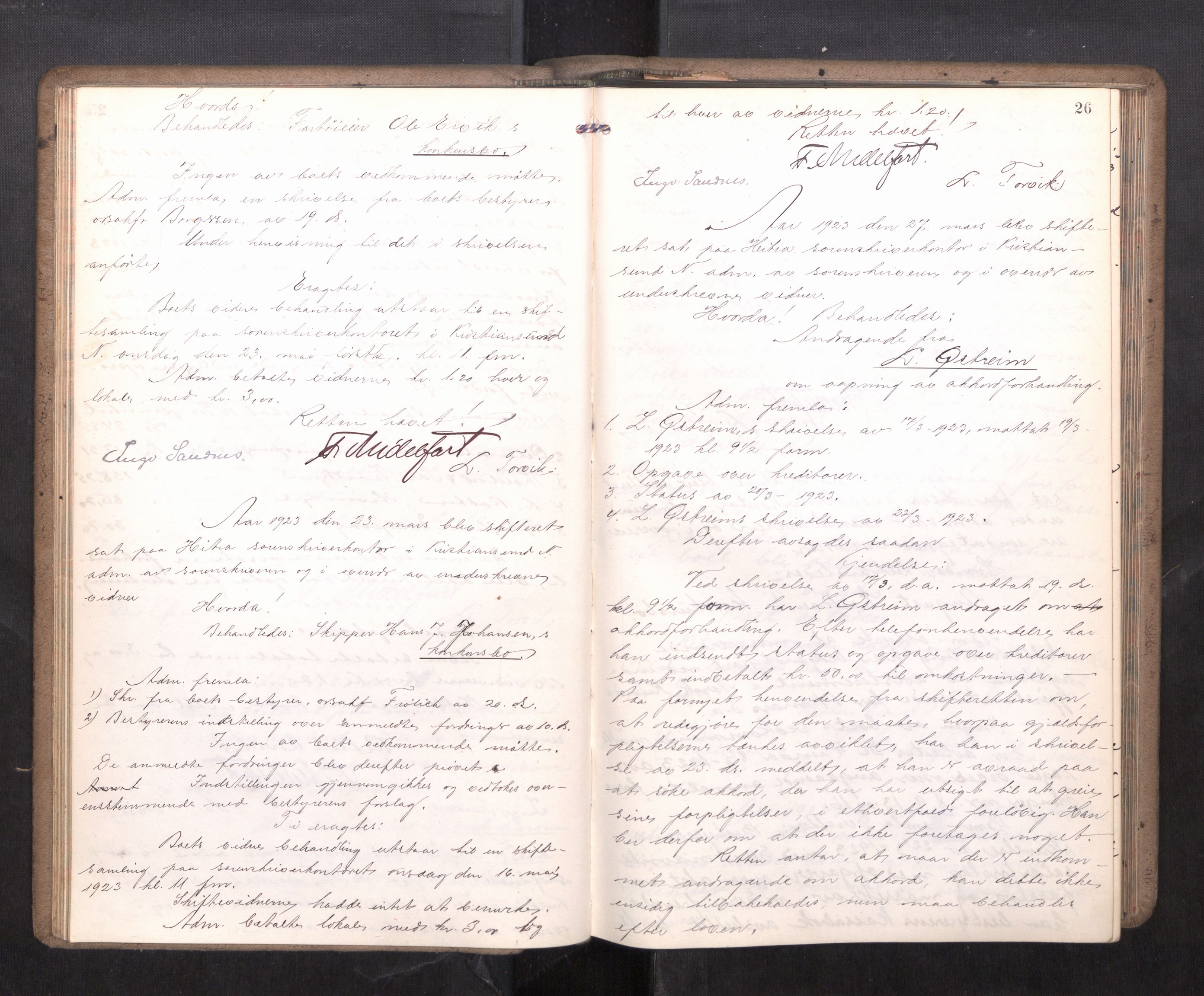 Hitra sorenskriveri, AV/SAT-A-0018/3/3B/L0002: Skifteforhandlingsprotokoll, 1922-1927, p. 25b-26a