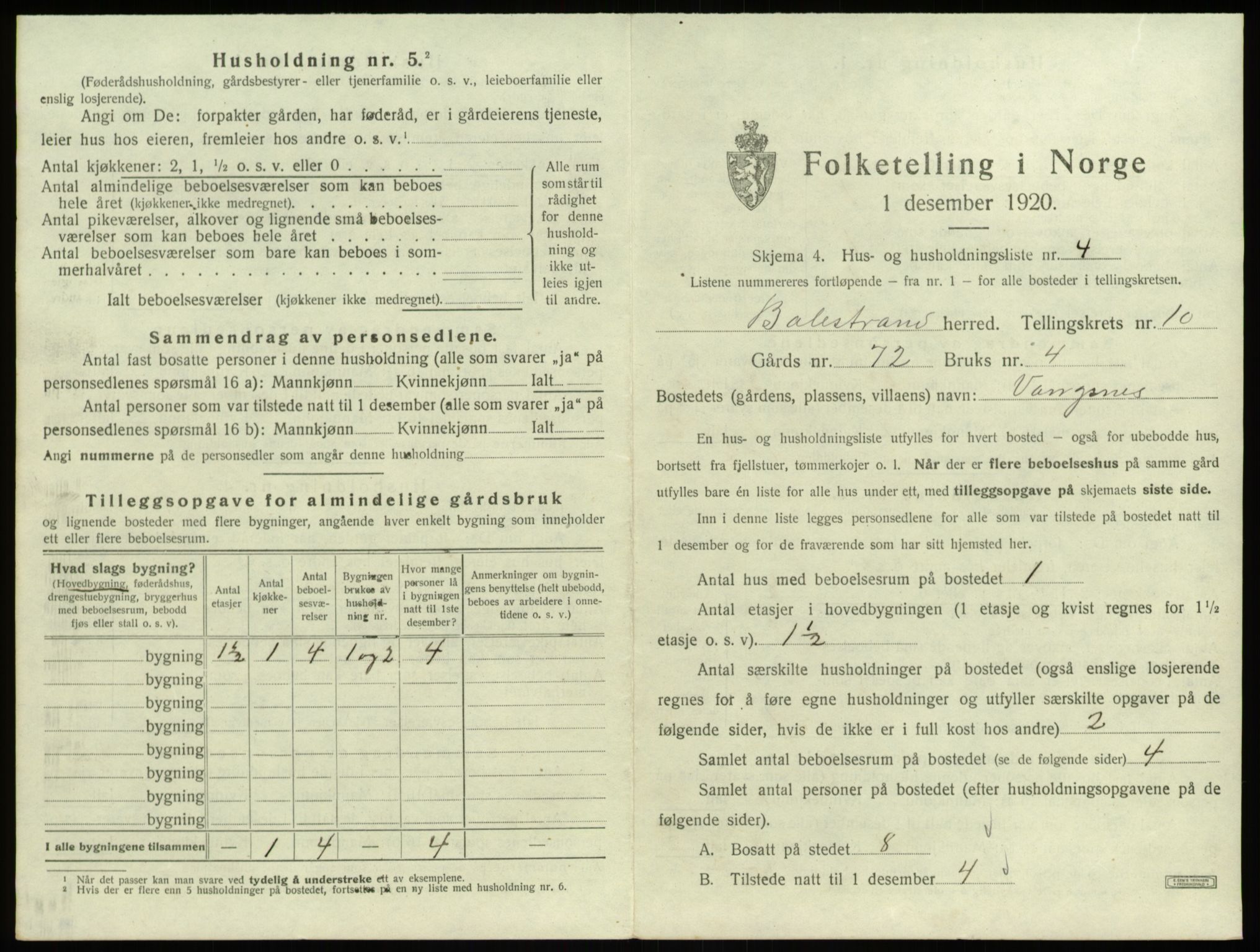 SAB, 1920 census for Balestrand, 1920, p. 692