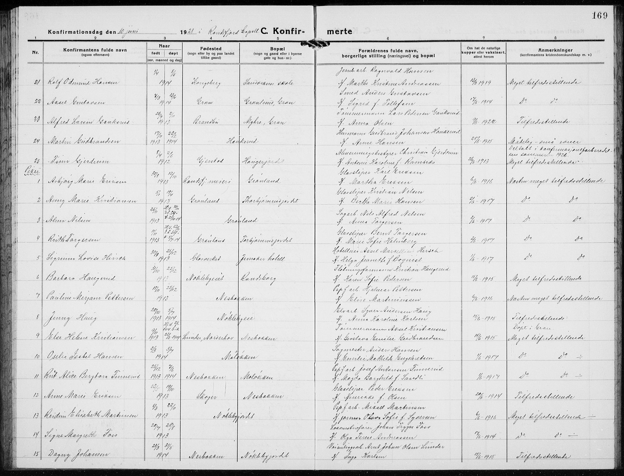 Jevnaker prestekontor, SAH/PREST-116/H/Ha/Hab/L0005: Parish register (copy) no. 5, 1919-1934, p. 169