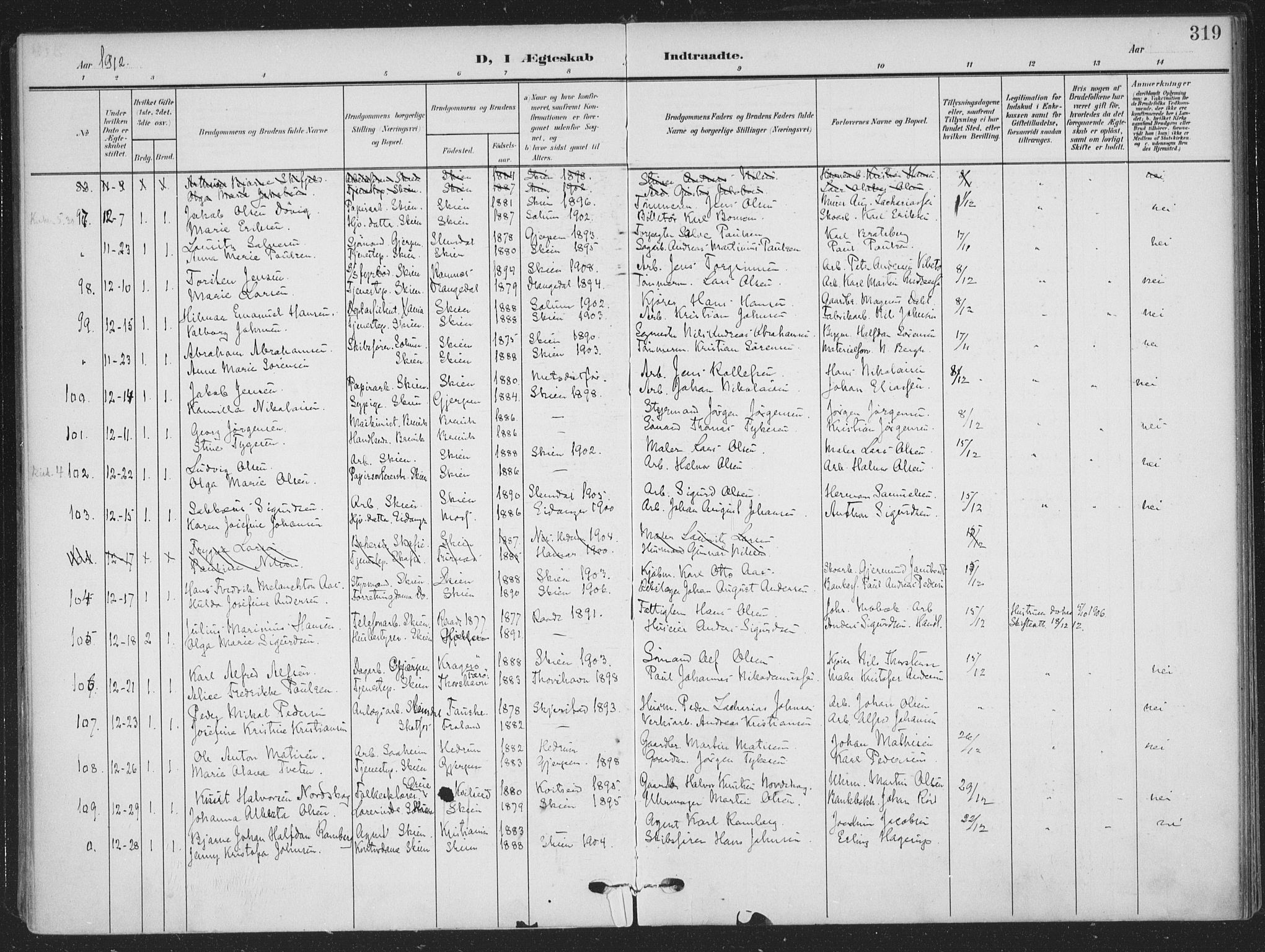 Skien kirkebøker, SAKO/A-302/F/Fa/L0012: Parish register (official) no. 12, 1908-1914, p. 319
