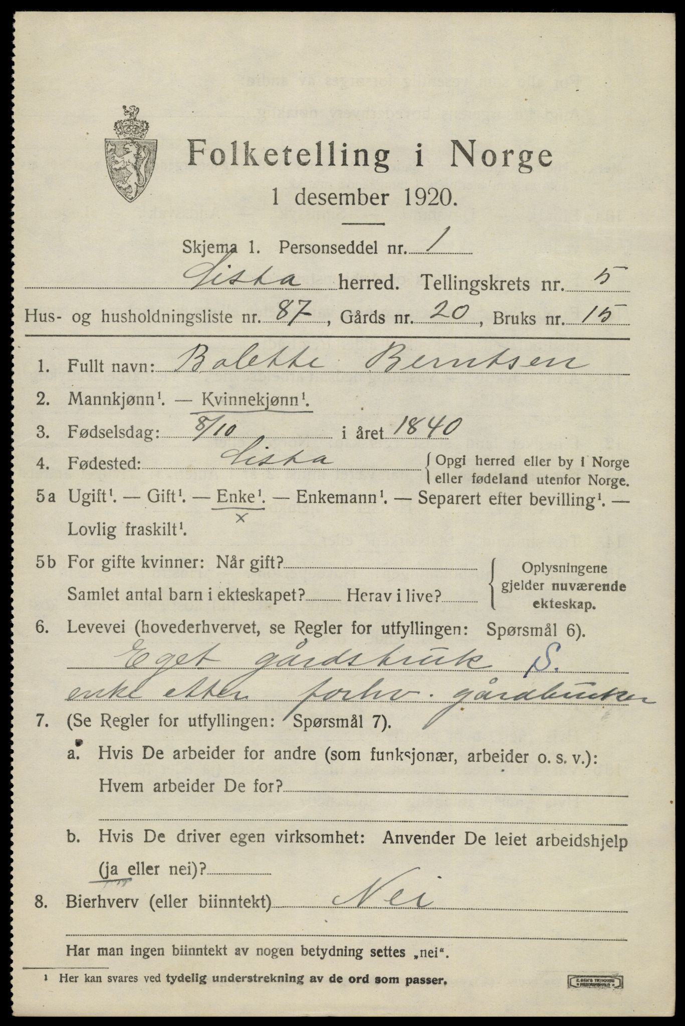 SAK, 1920 census for Lista, 1920, p. 6365