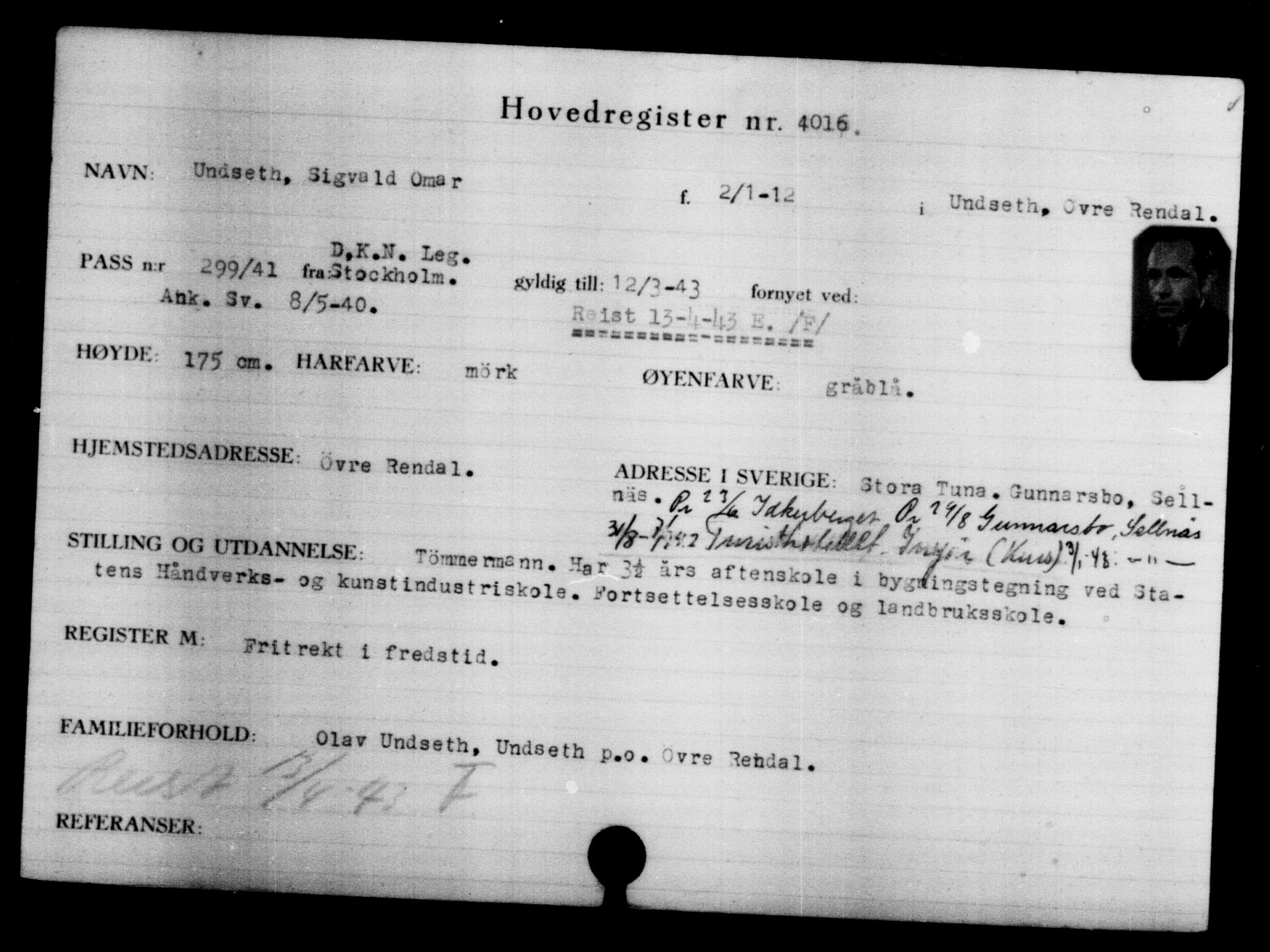 Utenriksstasjonene, Legasjonen i Stockholm, Flyktningkontoret, AV/RA-S-6753/V/Va/L0004: Kjesäterkartoteket, flyktninger med registreringsnr. 3496-6610, 1940-1945, p. 605