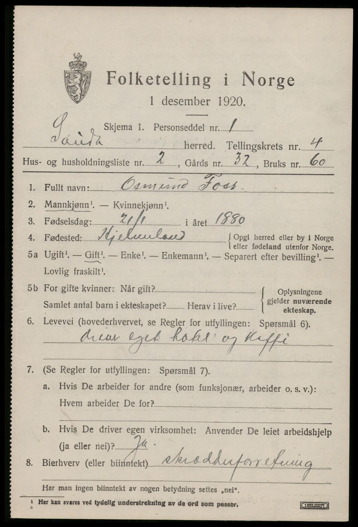 SAST, 1920 census for Sauda, 1920, p. 1738