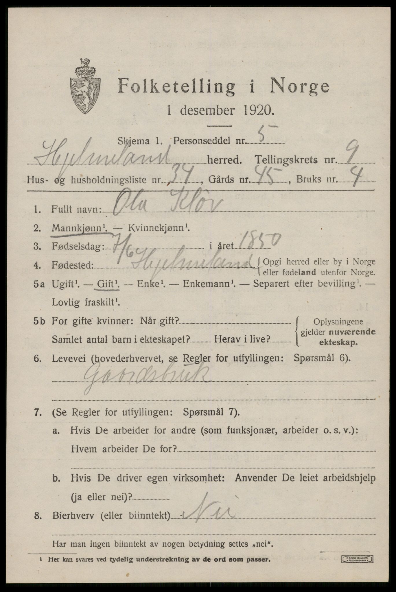 SAST, 1920 census for Hjelmeland, 1920, p. 3107