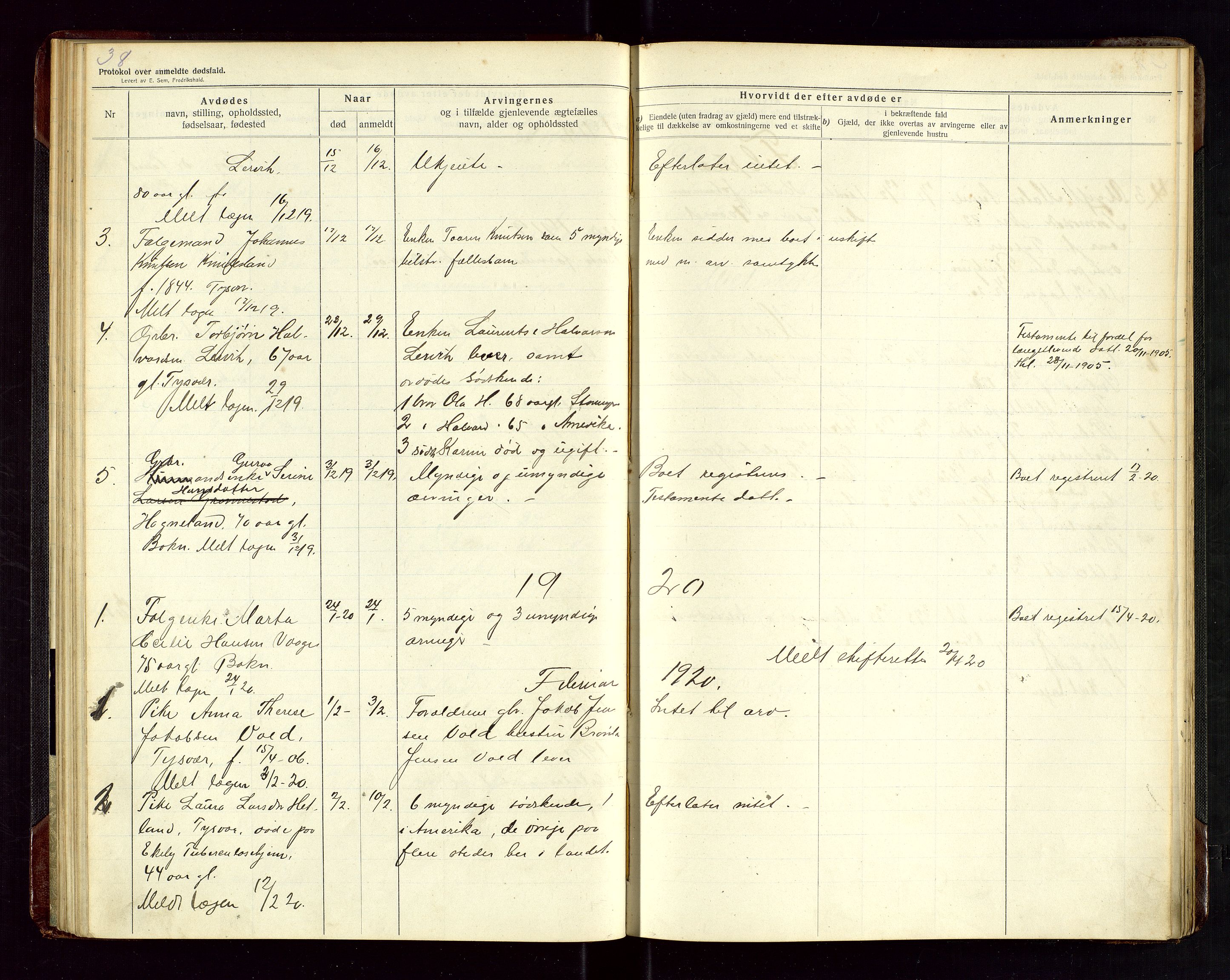 Tysvær lensmannskontor, AV/SAST-A-100192/Gga/L0003: "Protokol over anmeldte dødsfald i Tysvær" med register, 1916-1926, p. 38