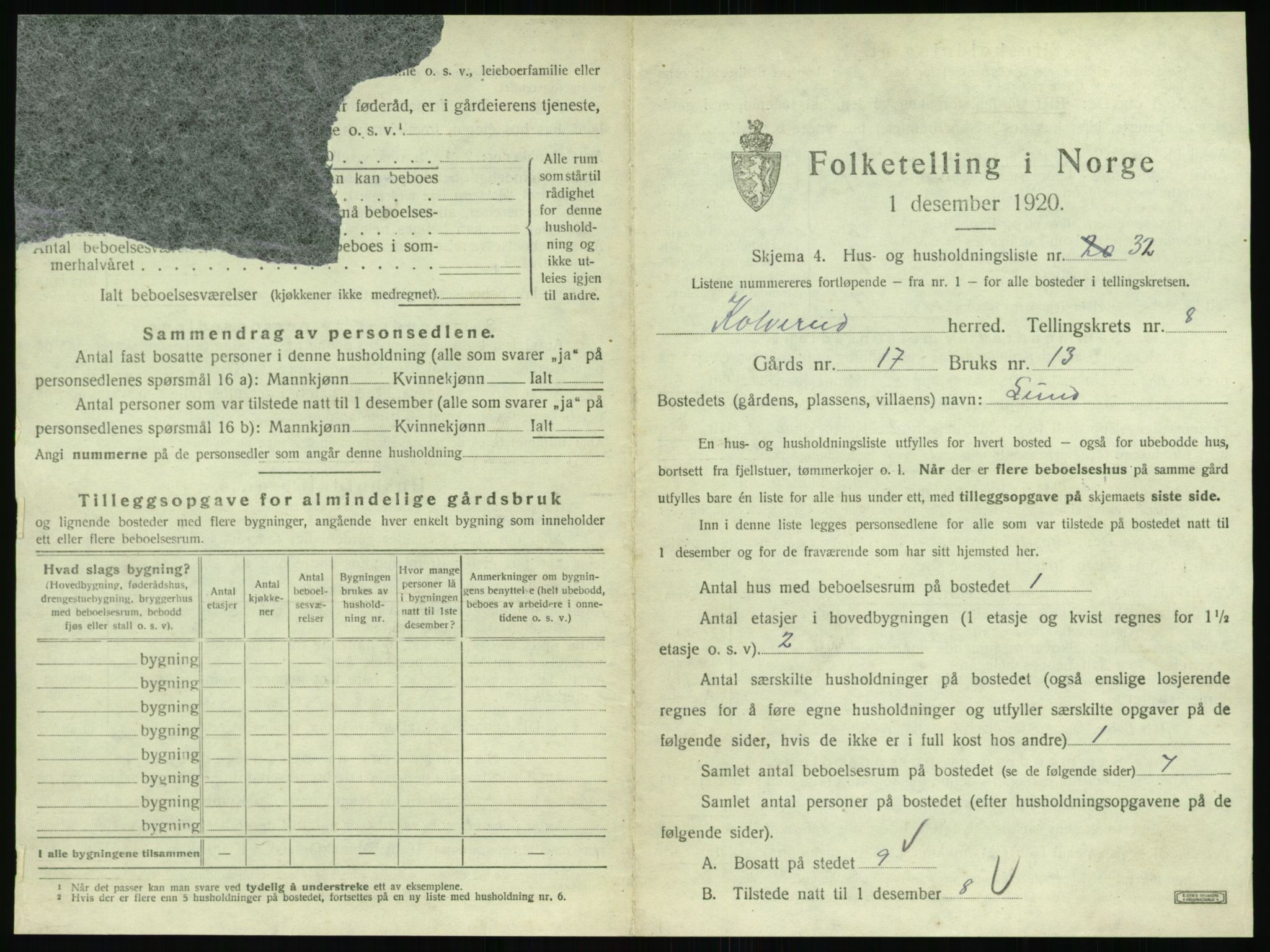 SAT, 1920 census for Kolvereid, 1920, p. 855