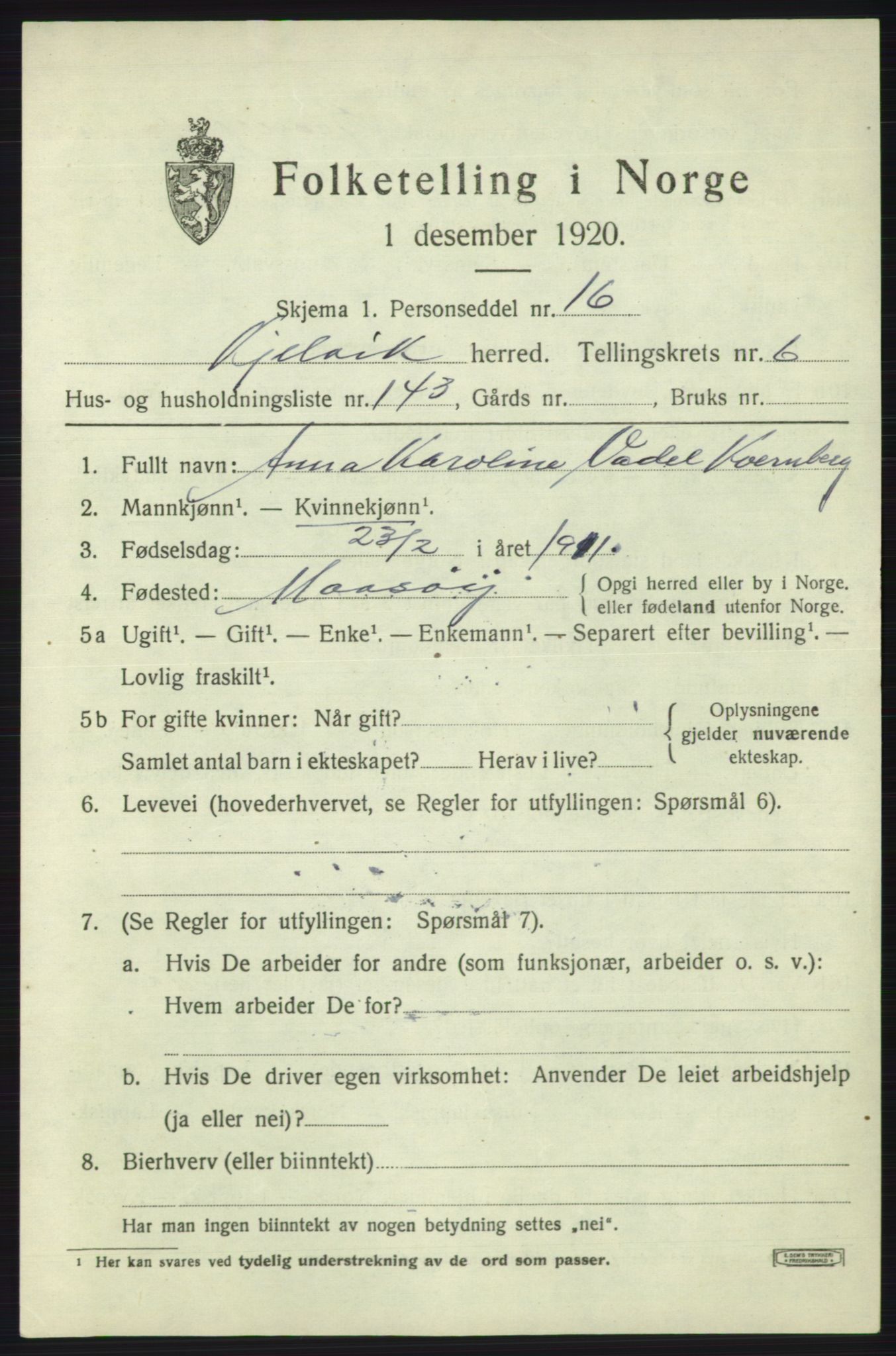 SATØ, 1920 census for Kjelvik, 1920, p. 5355