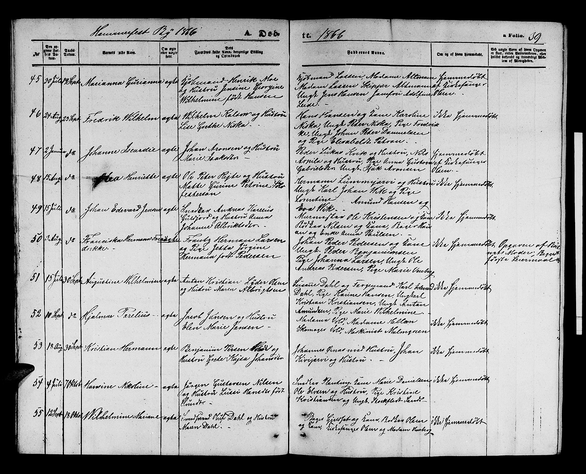 Hammerfest sokneprestkontor, AV/SATØ-S-1347/H/Hb/L0003.klokk: Parish register (copy) no. 3 /1, 1862-1868, p. 39