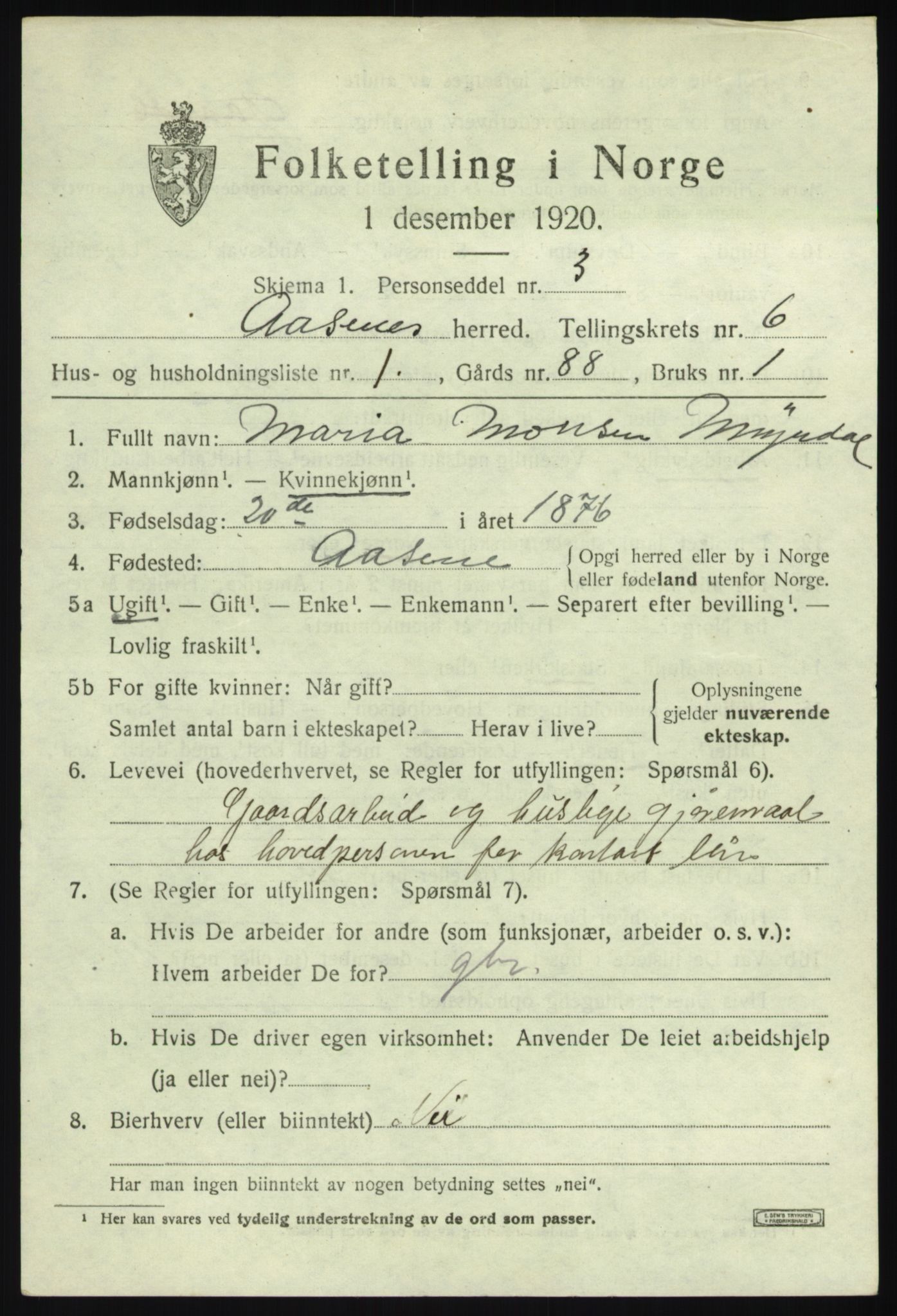 SAB, 1920 census for Åsane, 1920, p. 4097