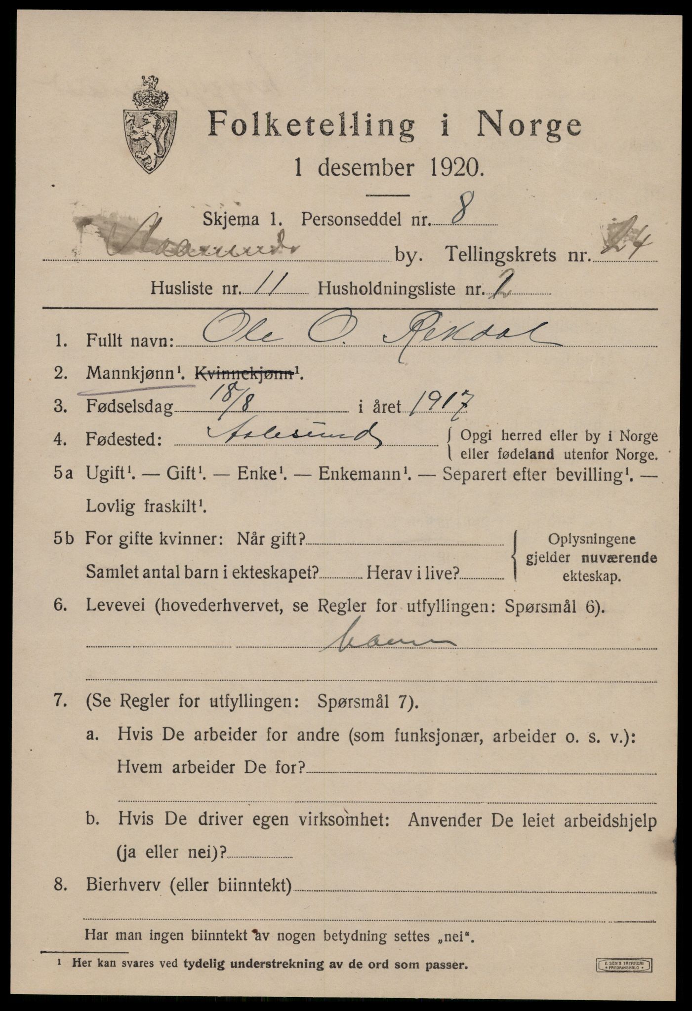 SAT, 1920 census for Ålesund, 1920, p. 43242