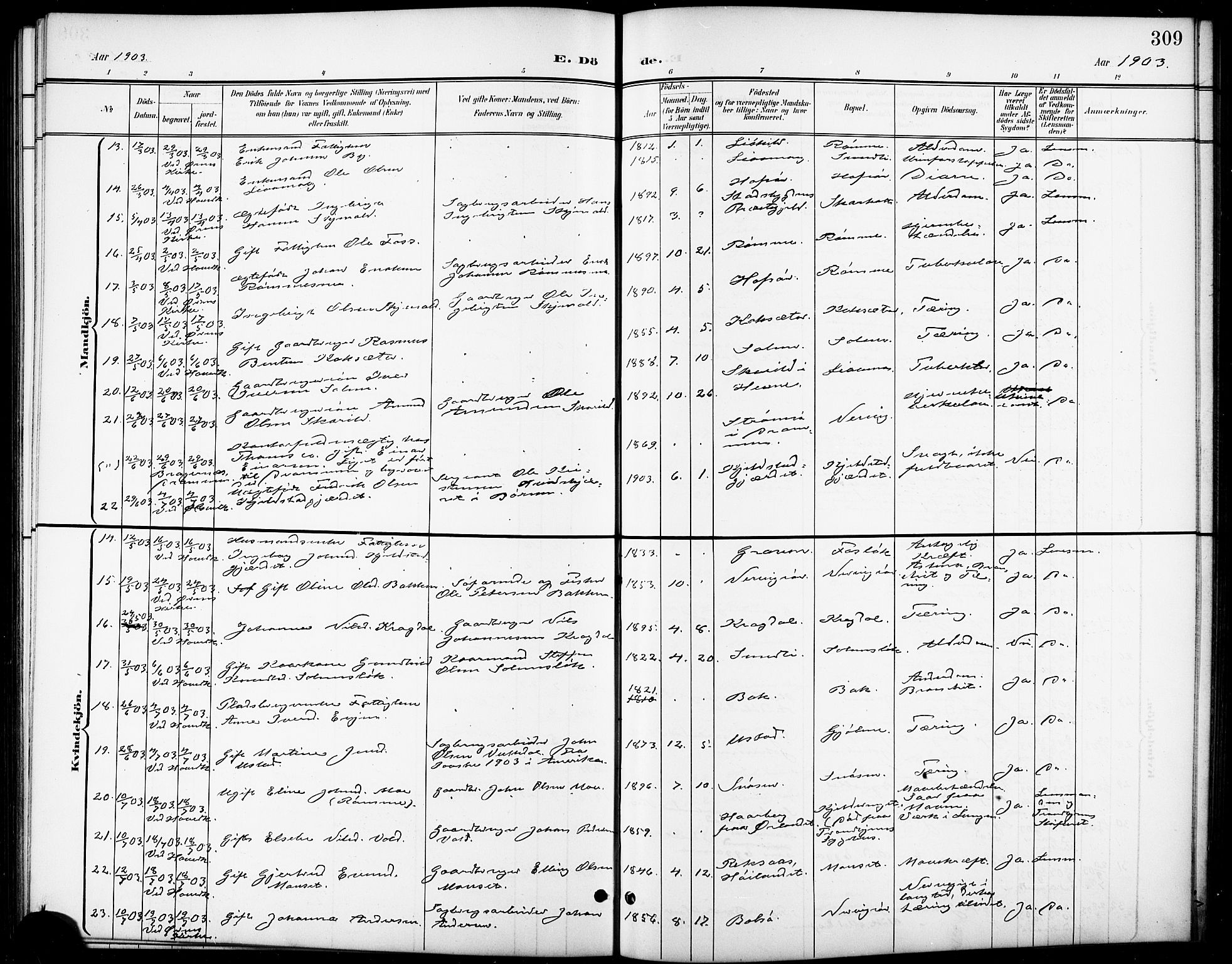 Ministerialprotokoller, klokkerbøker og fødselsregistre - Sør-Trøndelag, SAT/A-1456/668/L0819: Parish register (copy) no. 668C08, 1899-1912, p. 309