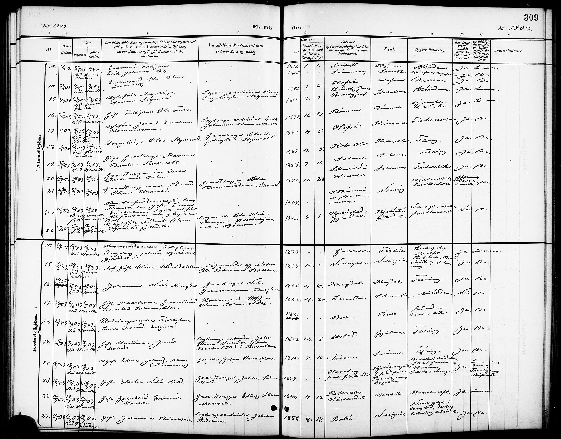 Ministerialprotokoller, klokkerbøker og fødselsregistre - Sør-Trøndelag, AV/SAT-A-1456/668/L0819: Parish register (copy) no. 668C08, 1899-1912, p. 309