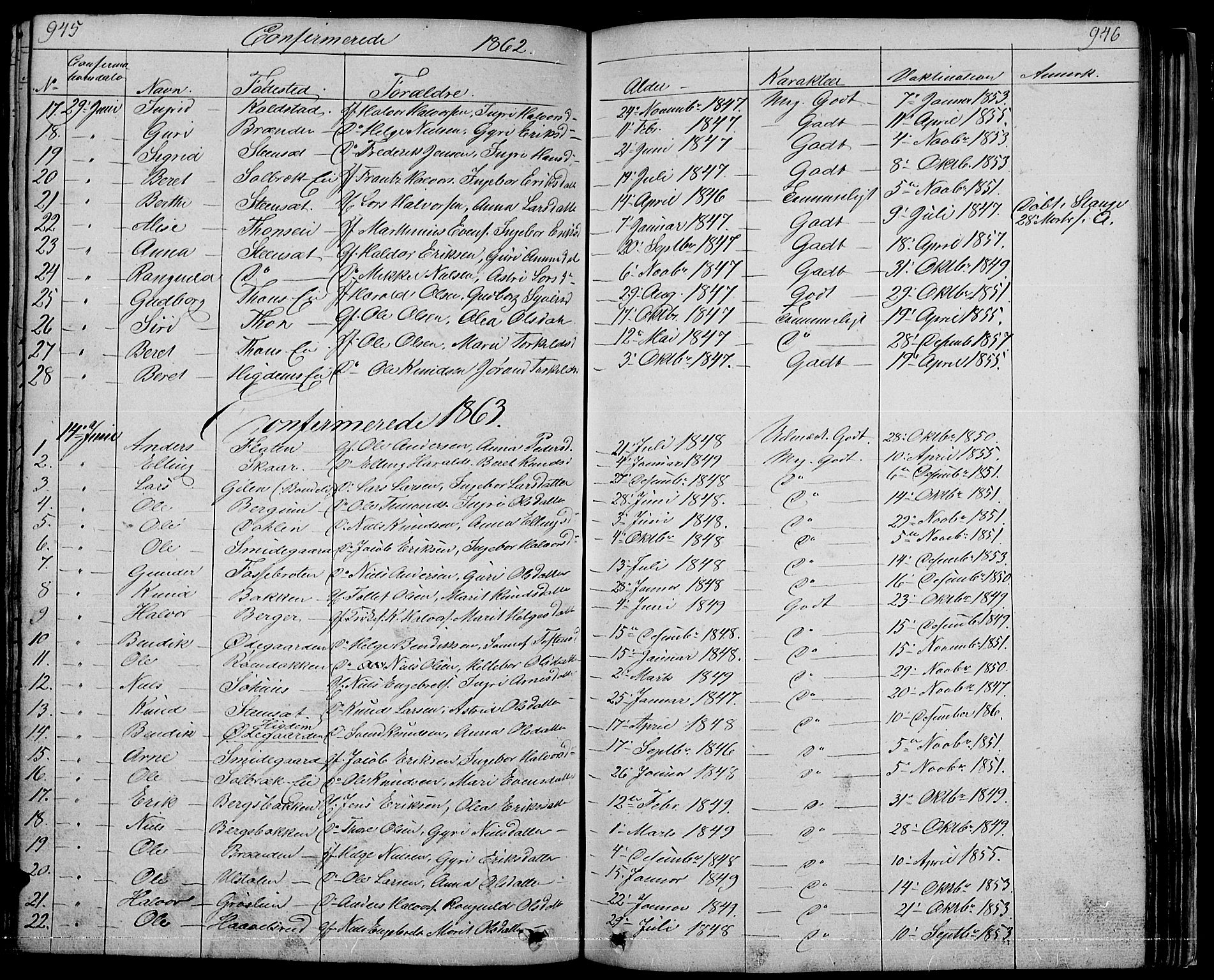 Nord-Aurdal prestekontor, SAH/PREST-132/H/Ha/Hab/L0001: Parish register (copy) no. 1, 1834-1887, p. 945-946