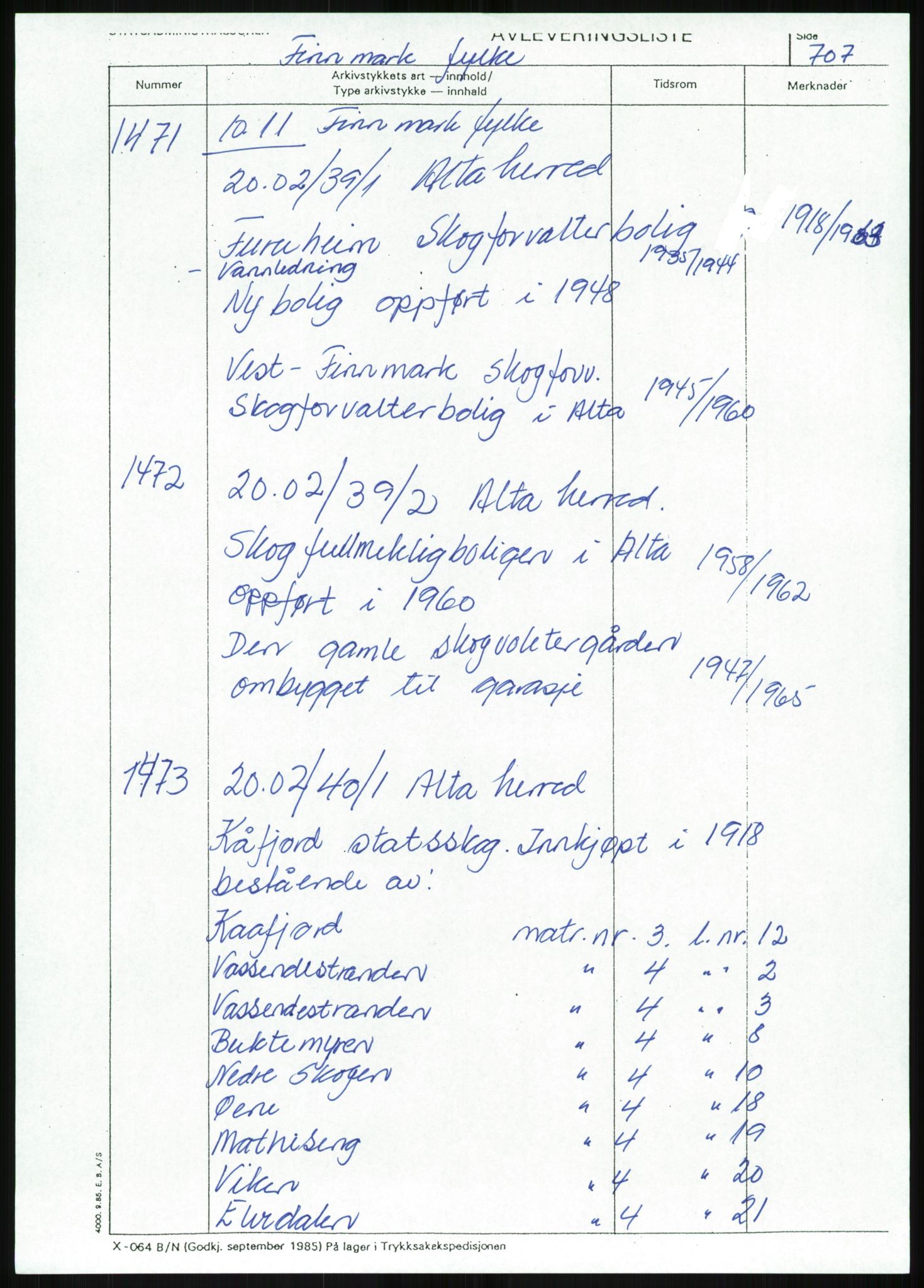 Direktoratet for statens skoger, AV/RA-S-1600/2/E/Eg/L0003: Arkivliste for 10.11-serien. Nord-Trøndelag til Finnmark fylke. Mappenr. 926 - 1505, 1957-1992, p. 519