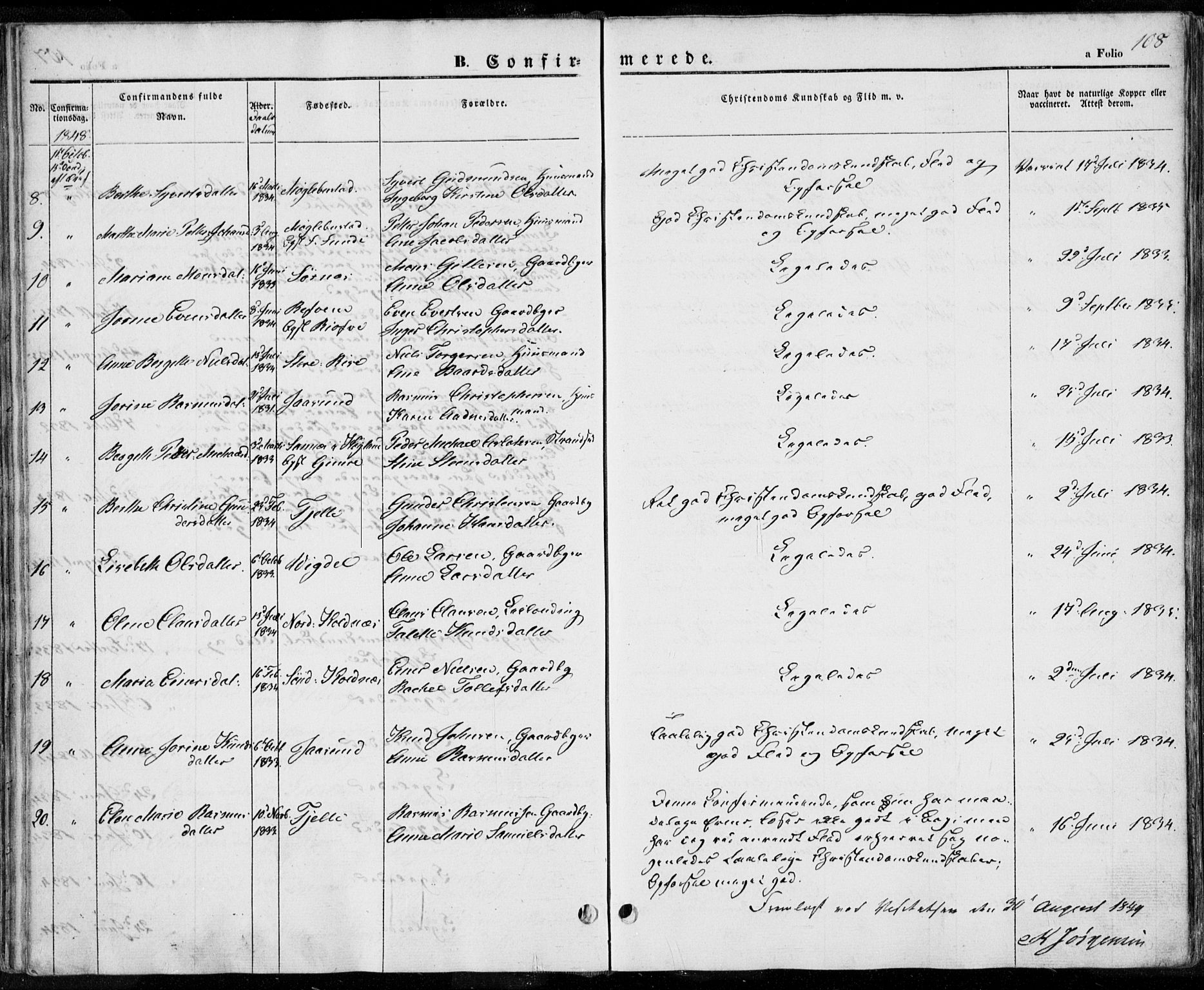 Håland sokneprestkontor, AV/SAST-A-101802/001/30BA/L0006: Parish register (official) no. A 6, 1842-1853, p. 108