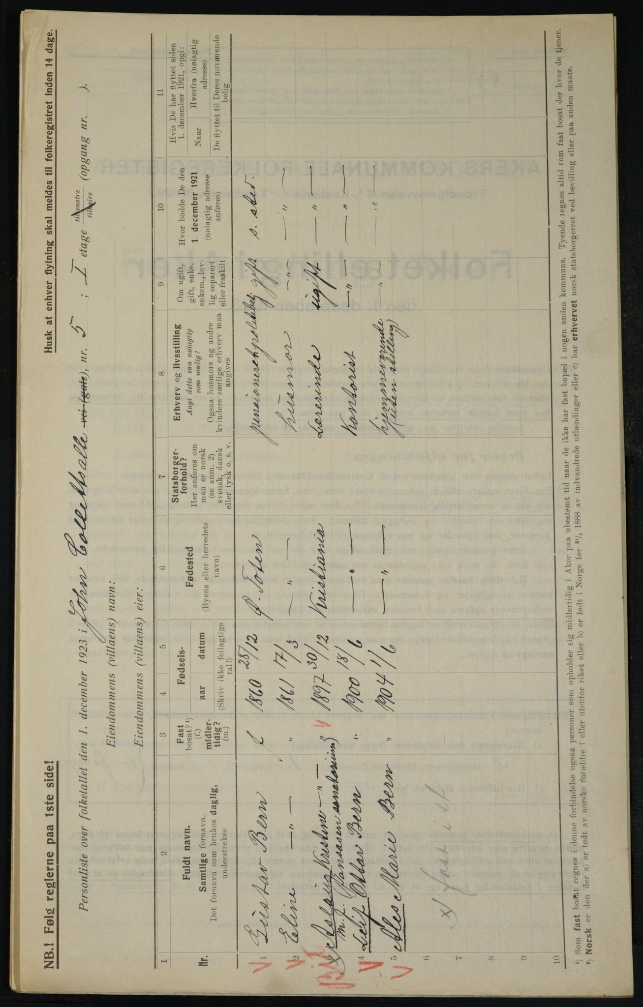 , Municipal Census 1923 for Aker, 1923, p. 20701