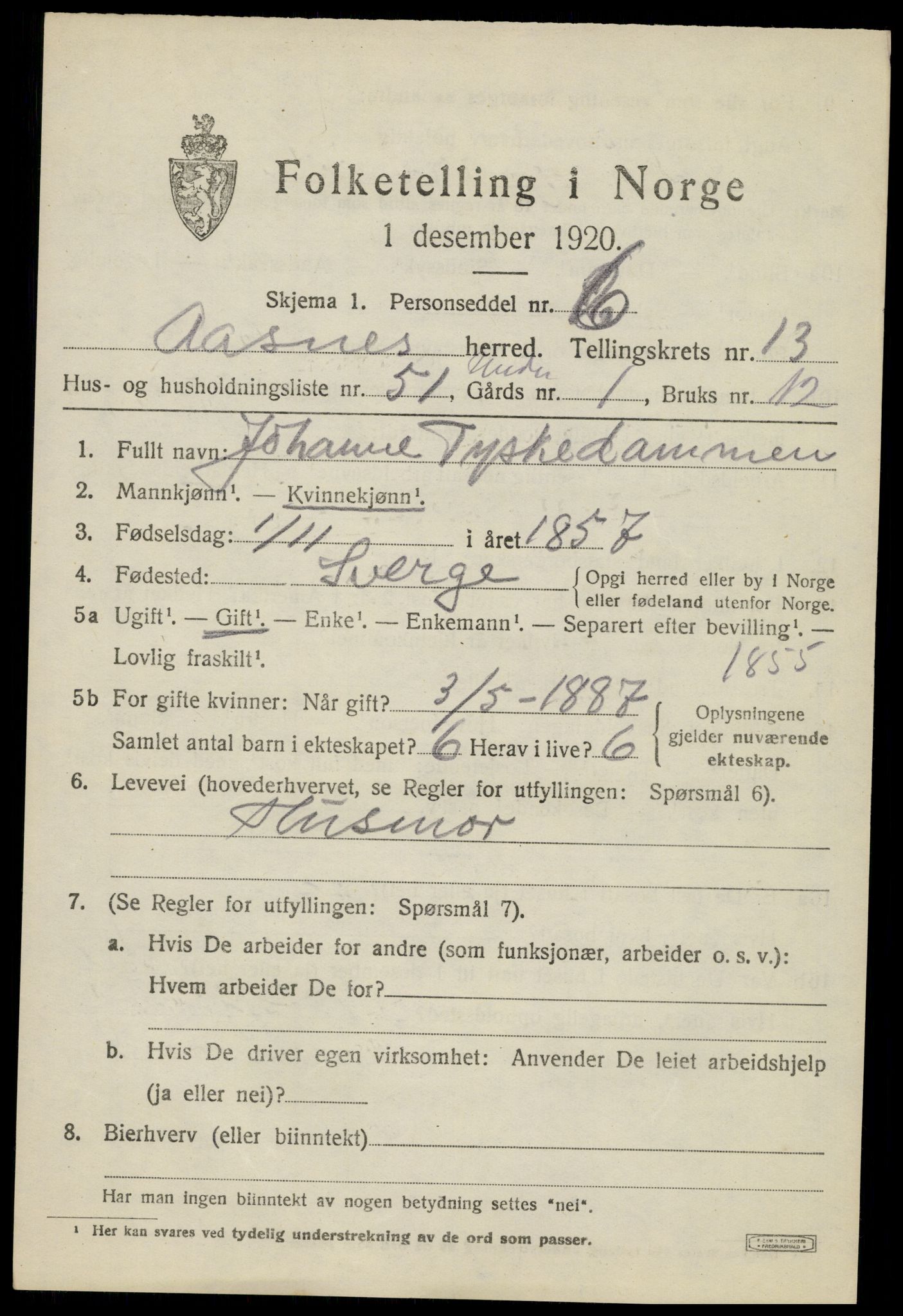 SAH, 1920 census for Åsnes, 1920, p. 13336