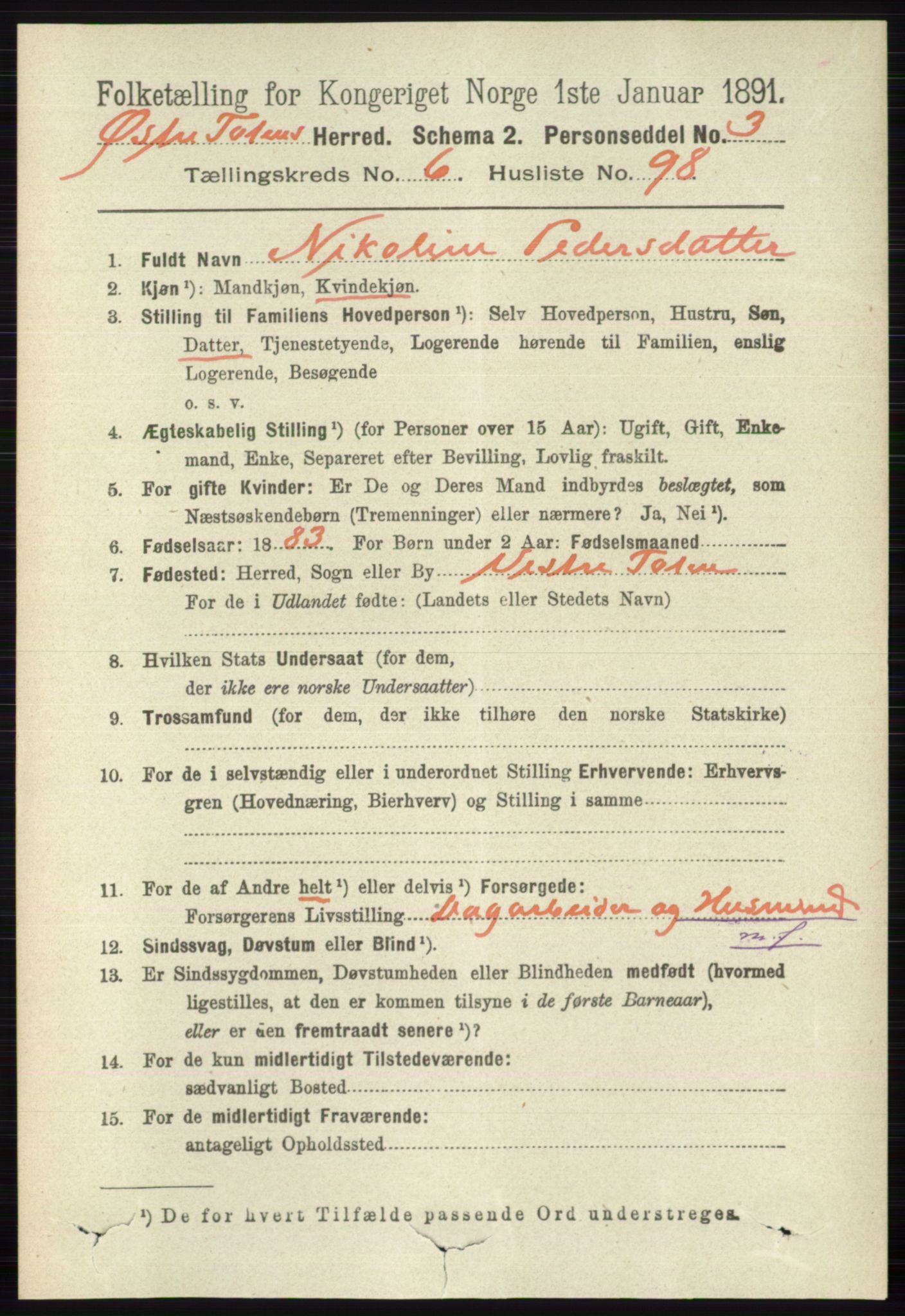 RA, 1891 census for 0528 Østre Toten, 1891, p. 4346