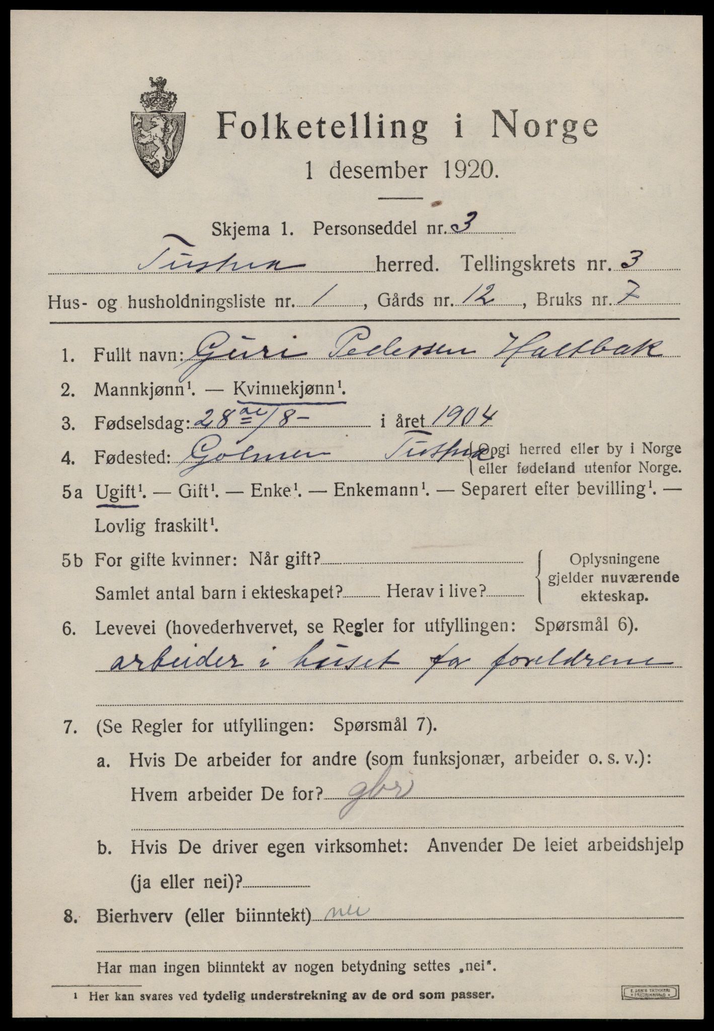 SAT, 1920 census for Tustna, 1920, p. 1461