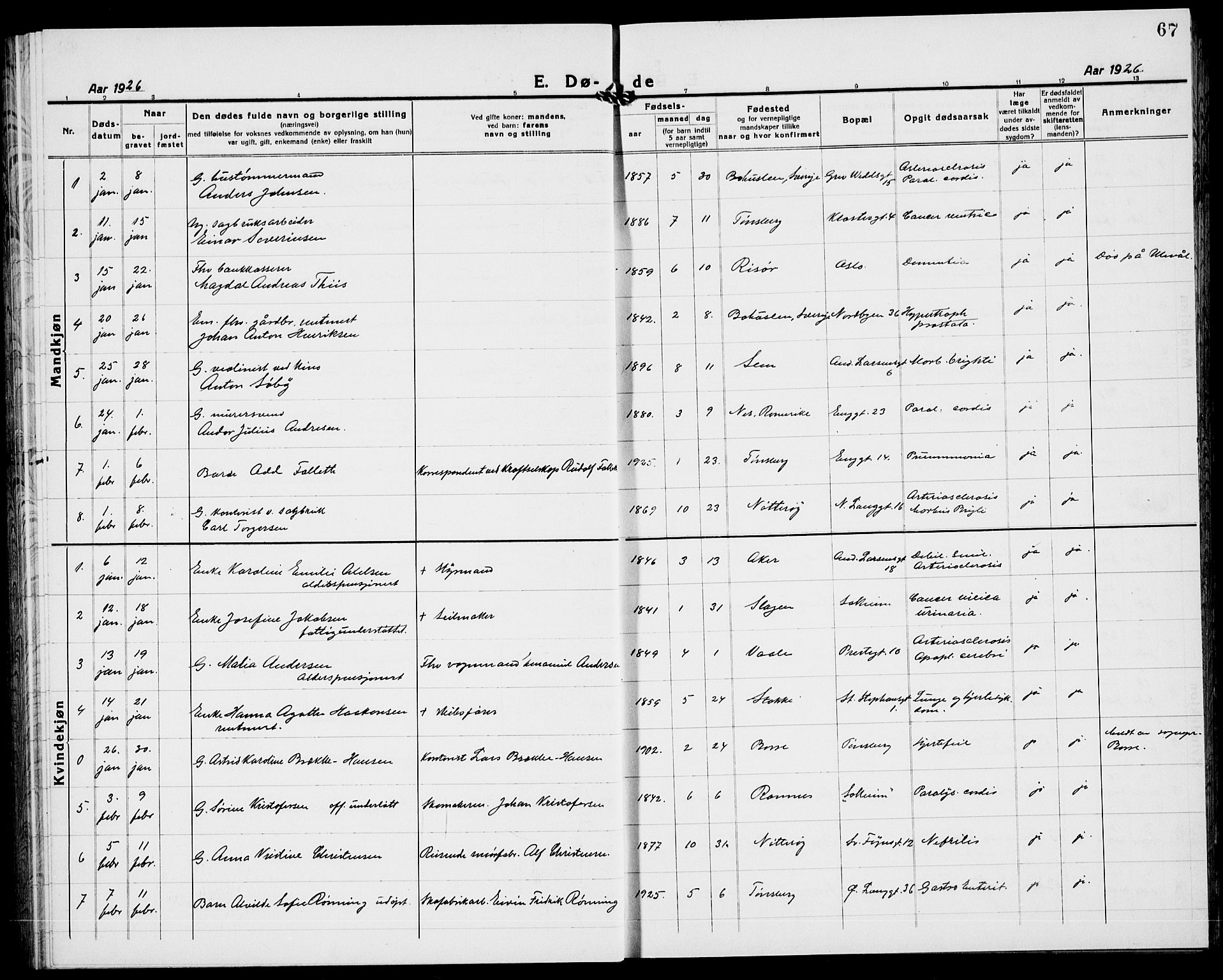 Tønsberg kirkebøker, AV/SAKO-A-330/G/Ga/L0018: Parish register (copy) no. 18, 1920-1935, p. 67