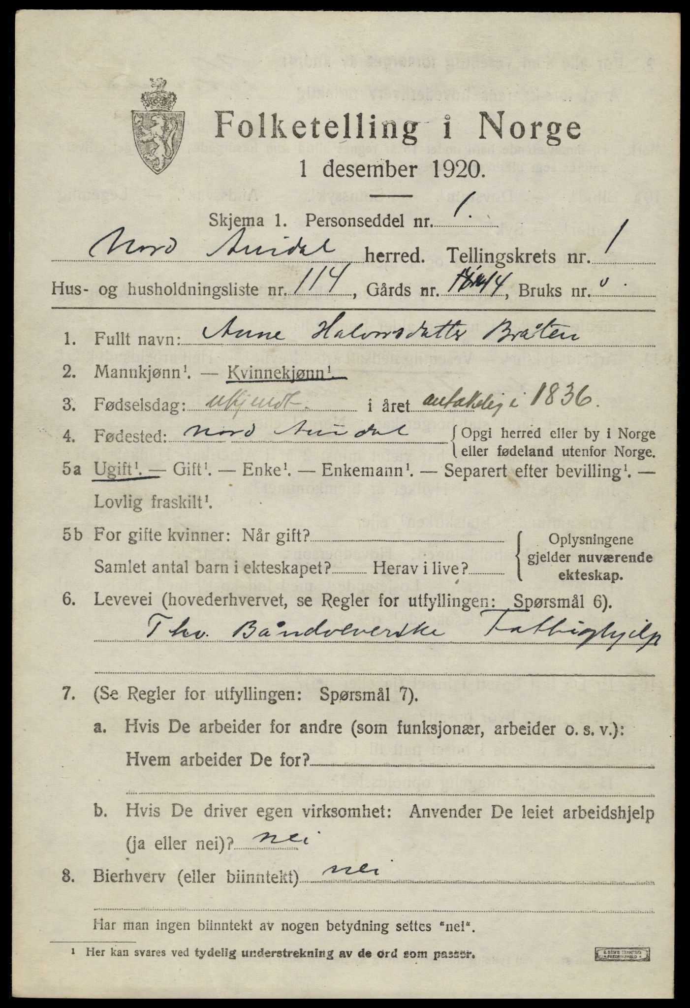 SAH, 1920 census for Nord-Aurdal, 1920, p. 3118