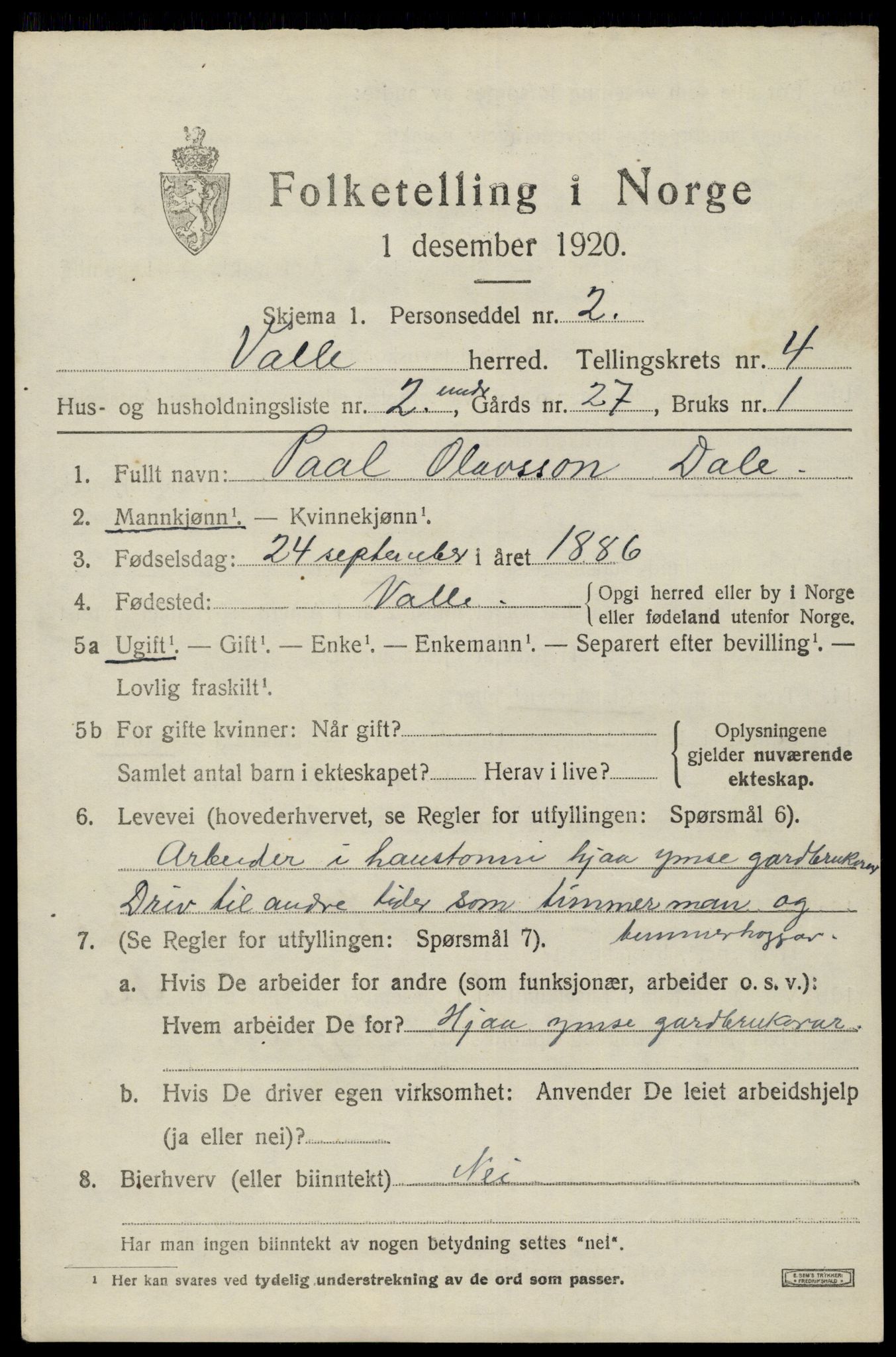 SAK, 1920 census for Valle, 1920, p. 2003