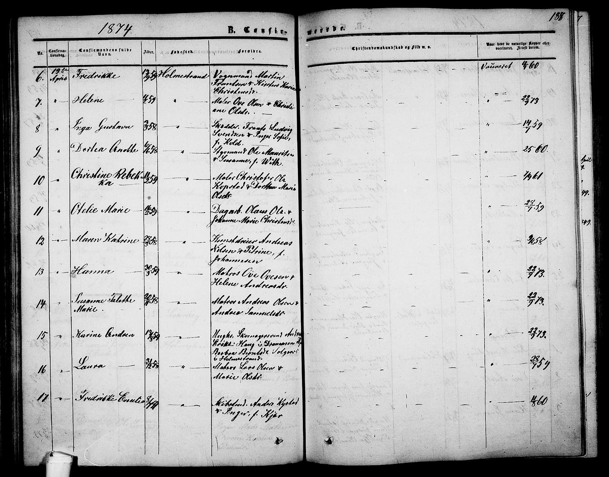 Holmestrand kirkebøker, AV/SAKO-A-346/G/Ga/L0003: Parish register (copy) no. 3, 1849-1874, p. 188