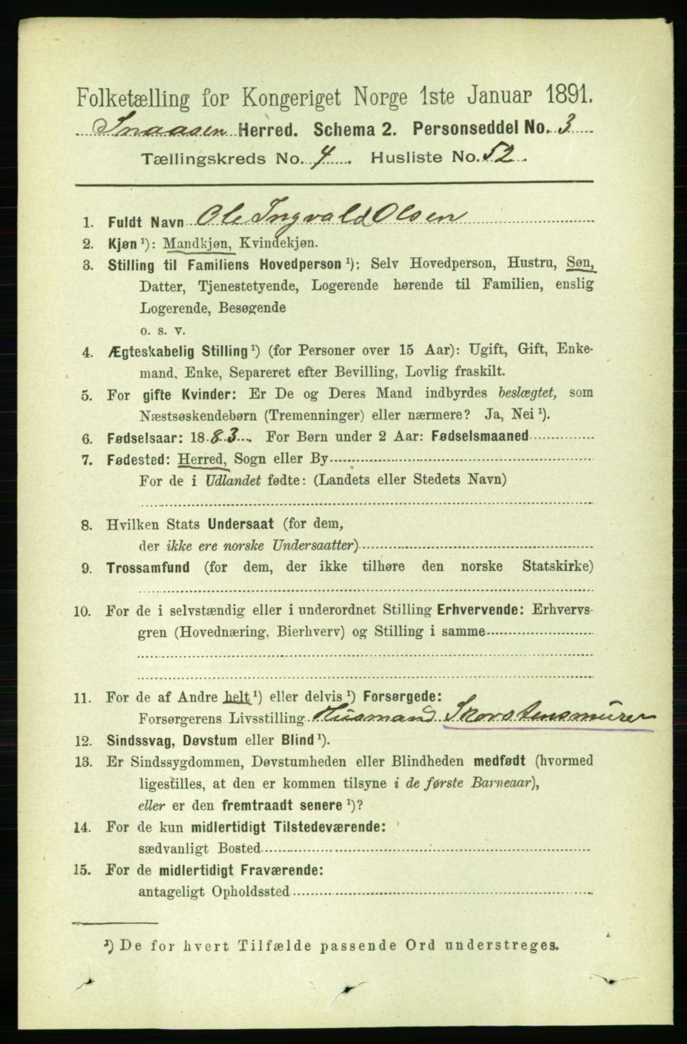 RA, 1891 census for 1736 Snåsa, 1891, p. 1395