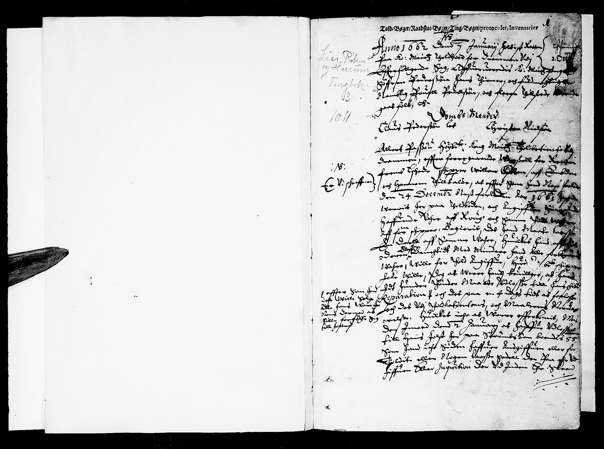 Lier, Røyken og Hurum sorenskriveri, AV/SAKO-A-89/F/Fa/L0004: Tingbok, 1662, p. 1