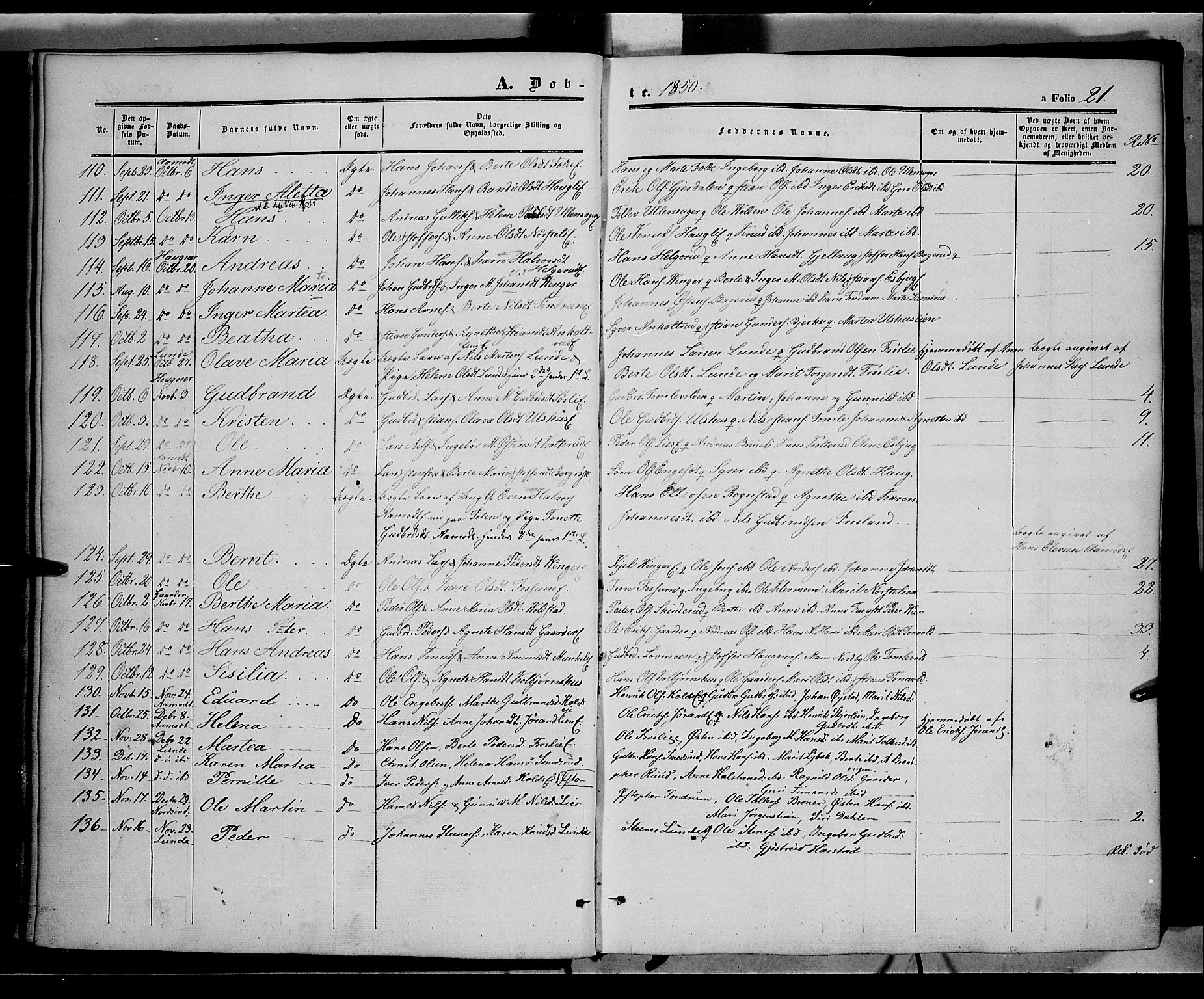 Land prestekontor, SAH/PREST-120/H/Ha/Haa/L0010: Parish register (official) no. 10, 1847-1859, p. 21