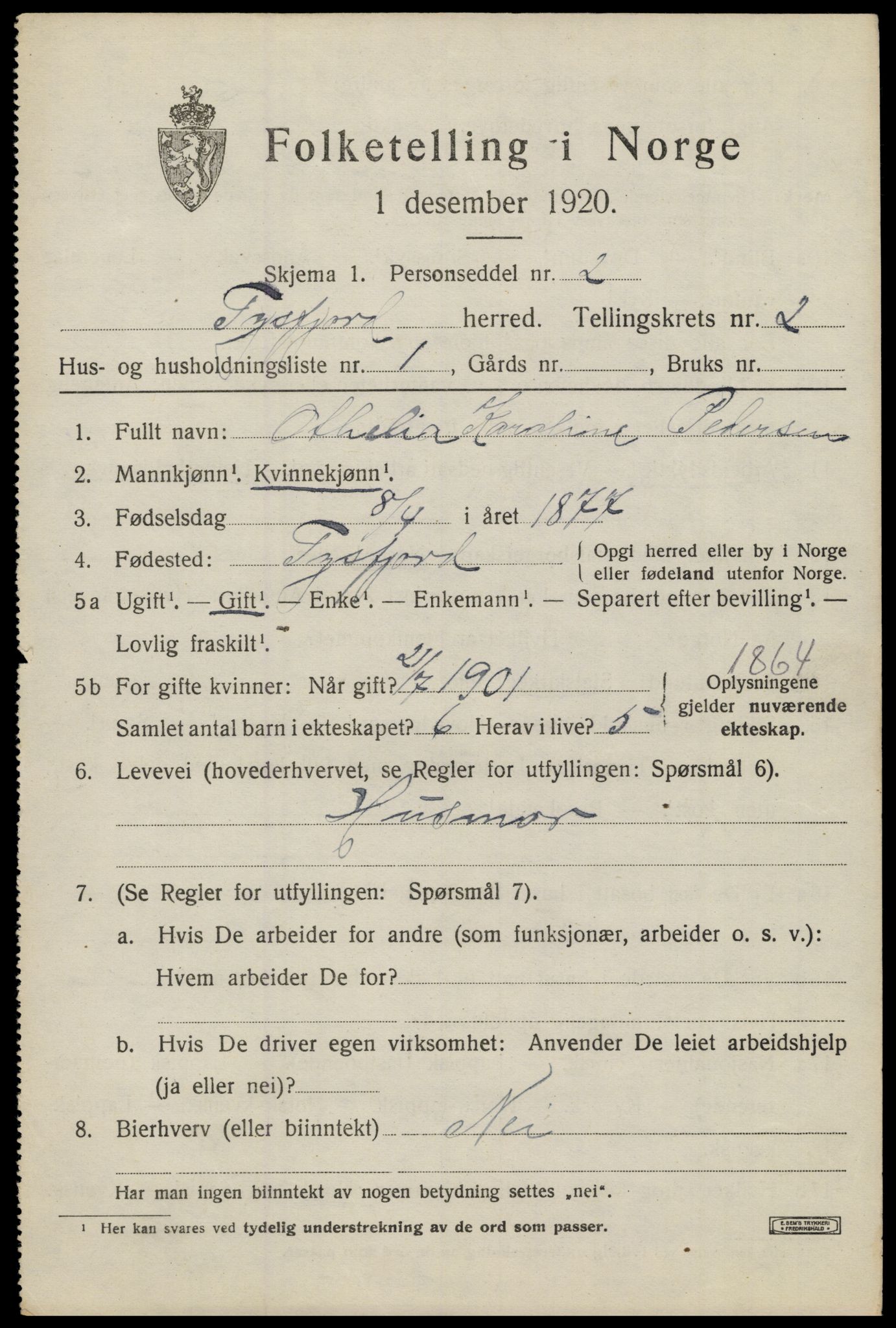 SAT, 1920 census for Tysfjord, 1920, p. 1229