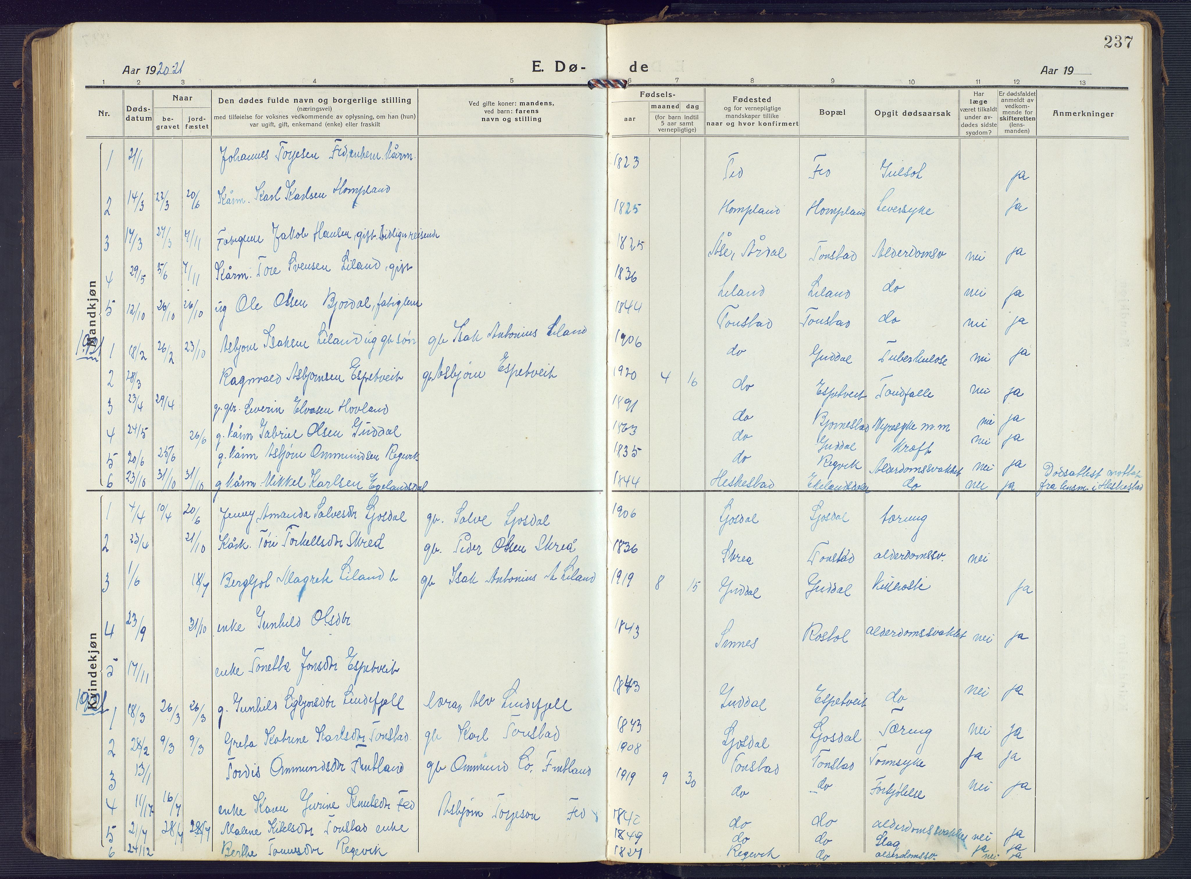 Sirdal sokneprestkontor, AV/SAK-1111-0036/F/Fb/Fbb/L0005: Parish register (copy) no. B 5, 1916-1960, p. 237