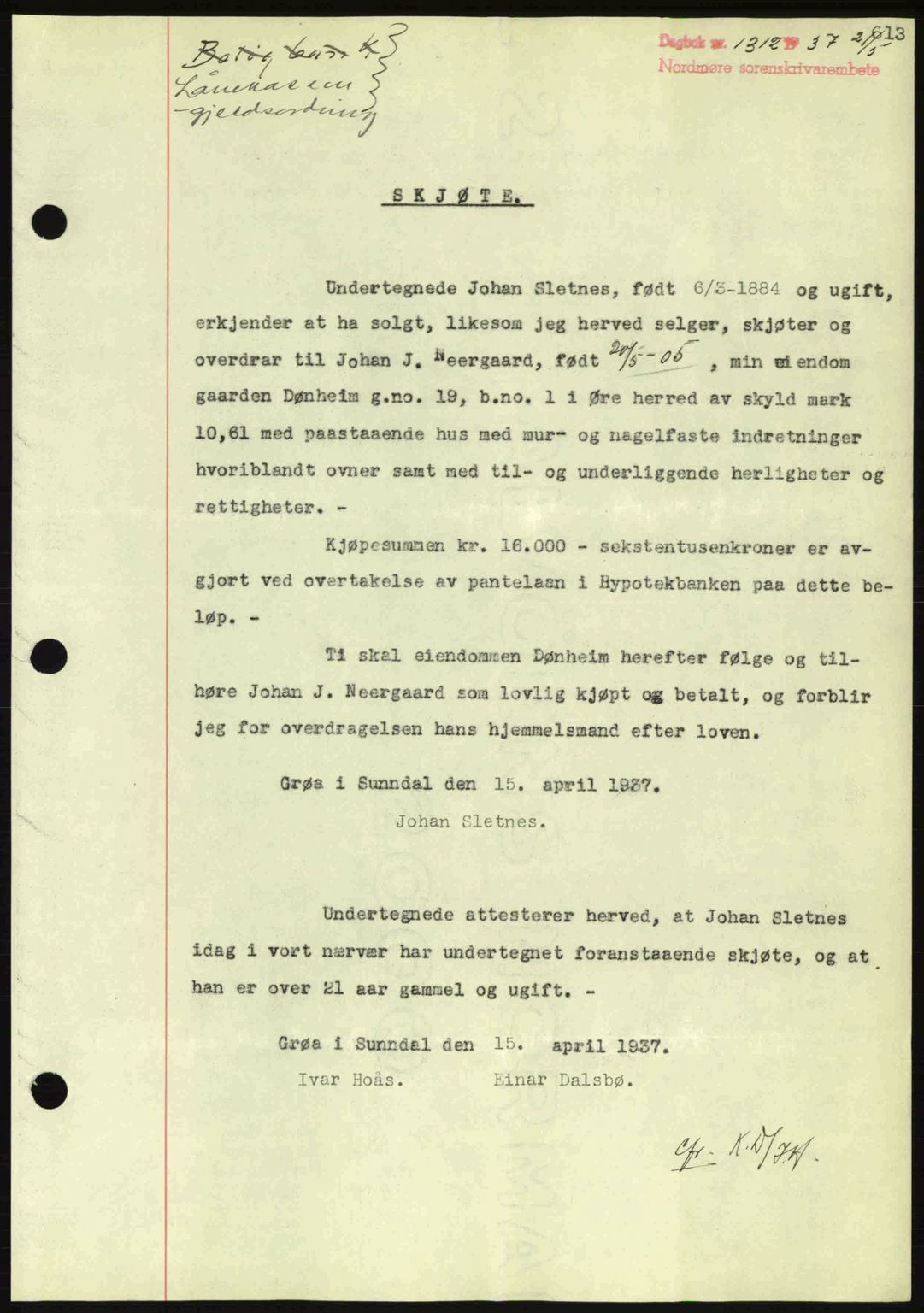 Nordmøre sorenskriveri, AV/SAT-A-4132/1/2/2Ca: Mortgage book no. A81, 1937-1937, Diary no: : 1312/1937